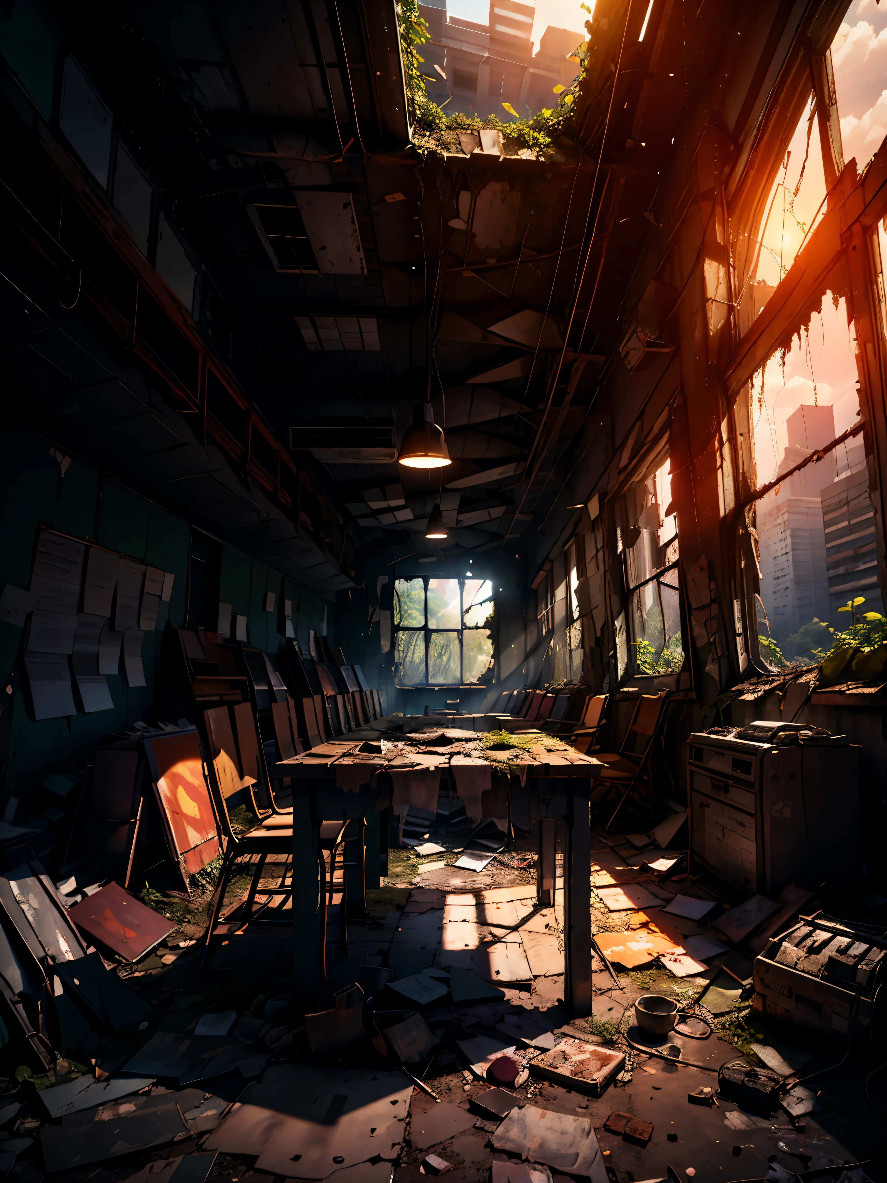 Concept art of a post-apocalyptic world with ruins, overgrown vegetation, The is very detailed,Detailed paintings,Japanese anime,tmasterpiece,Dilapidated buildingright sun,dilapidated classroom,Shabby table,damaged chair,open air,((ruins)),vanishing point, perspective, light.