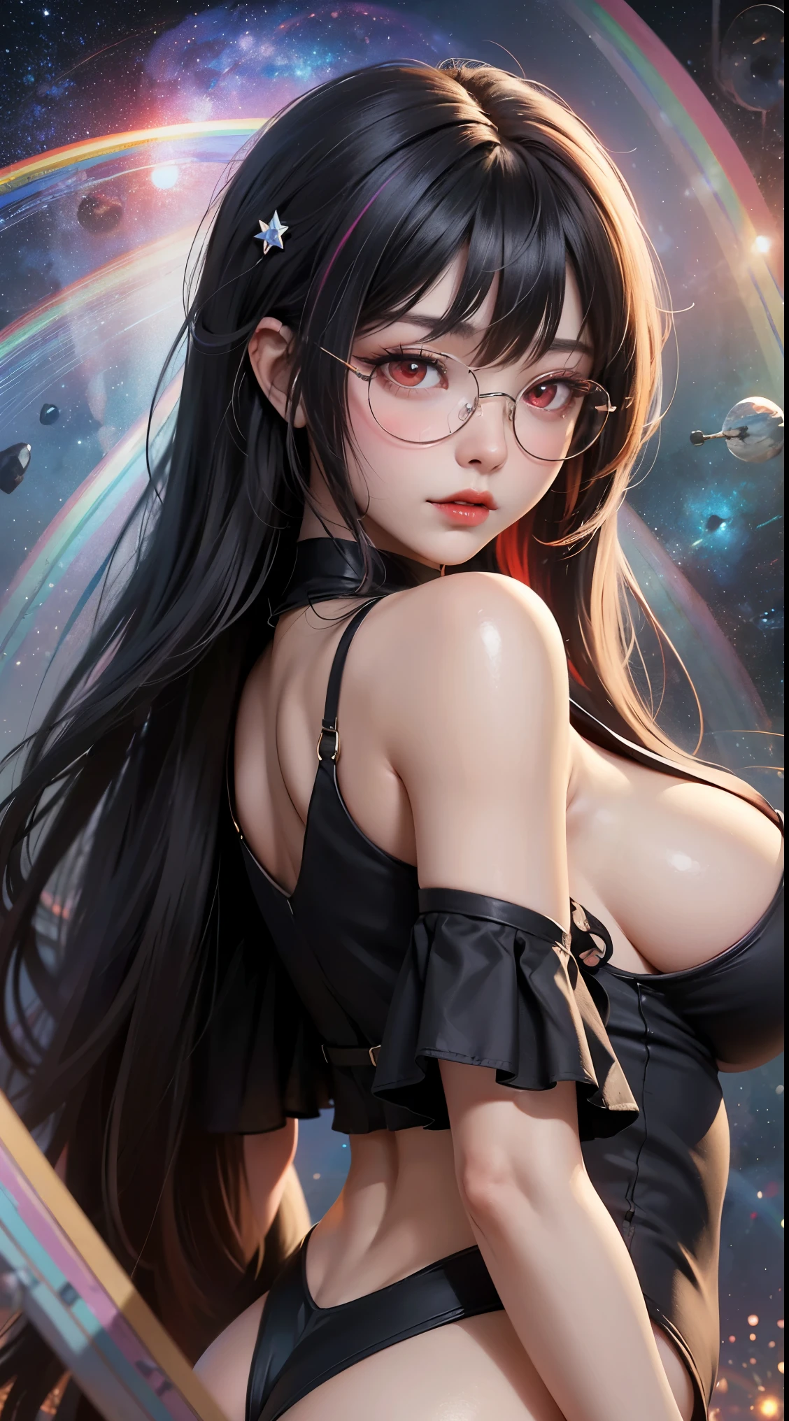 1名 27歳 woman, got it、(best illustration)、8K UHD resolution、intricate details、最high quality、realistic、Super detailed、best writing、best shadow、soft lighting、ultra hd、dungeon and Dragon、cave、dungeon、 necromancer、night、dark style、Succubus、devil&#39;Daughter of、bat wings，(((デーモンホーンラック縁round glasses))))、(((big breasts)))、(devil&#39;tail)、(red eyes shine:1.6)、masterpiece、beautiful features、Tyndall effect、realisticphotograph、(high detail skin:1.2)、8KUHD、Digital single-lens reflex camera、high quality、photograph、High resolution、 absurd、Ponytail distortion、Optimal ratio of 4 fingers and 1 thumb、1 girl、hair ornaments、真っ赤に輝くgemのネックレス、gem、beautiful expression、body up、big breasts emphasis、tight waist、wide ass、Tyndall effect、Photoreal、(high detail skin:1.2)、dark and mysterious version, lipstick red lips, thin and beautiful lips, Don&#39;Don&#39;Don&#39;don&#39;t laugh, please keep your mouth shut, Characters created by Karol Baku and Pino Denis, intricate details, detailed background, very detailed, magic of light, woman, cute face, ((((giant glasses, otaku glasses, thick glasses, round glasses))))、 looking at the Upper body of the goddess , round chest, big and round chest, phoenix hair brooch, long hair with bangs, (Long hair has seven colors like a rainbow:1.9), Beautifully detailed face and well-proportioned eyes, (Crystal clear red eyes: 1.8), Big round eyes and very beautiful and detailed makeup, Visionary, long silk nightgowns, mysterious makeup, ブresponseレット, I dyed the side bangs light yellow...., Upper body, (goddess Upper body: 1.8), hanging arms, リアルで鮮やかなphotograph, (stars that make up : 1.7), ( Space-time portal of sky and imagination: 1.8), fiction art, RAWphotograph,黒い着物のphotograph, 最高のphotograph , expensive_response, 最high quality, 最高のphotograph, 8K quality, 8k ultra , surrealism, 最も経済的な本物のphotograph, Artistic portrait of 12 signs, Symbol of one of the 12 signs on the reverse side, 12 Portrait of the Goddess, 最もrealistic配色, 最高のphotograph color, masterpiece, hair ornaments, ネックresponse, jewelry, beautiful face, Upper body, Tyndall effect, photographのようにリアルな, Dark studio, border light, two tone light, (fine skin) expensive: 1.2), 8K UHD, Digital single-lens reflex camera, soft light, expensive quality, volume light, Frank, photograph, expensive responseolution, 4K quality, 8K, Bokeh, smooth and sharp, 10x more pixels, Charming goddess, sexy goddess, (background space: 1.8), (milky way: 1.7), aurora, lightning, (auroraの背景: 1.8) <roller:crazy_perfect eyes_V1_from_V1_, beautiful goddess and flowers, 