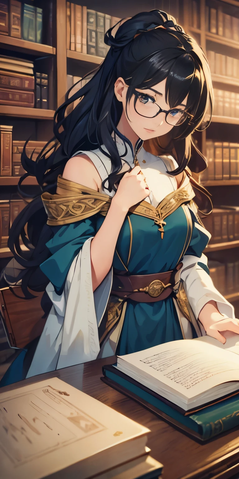 "Craft an anime-style portrayal of Tessa Bluequill, a human librarian with shoulder-length black hair held up with a quill pen, wearing spectacles that reflect her love for knowledge. She’s clad in a modest, book-themed dress and is re-shelving ancient tomes in the vast library of Imnescar. The background is a labyrinth of bookshelves teeming with books and scrolls. Her expression is one of contentment and curiosity, lost in the world of stories and history. The setting is a medieval fantasy settings. It is set in a fantasy roleplaying world."