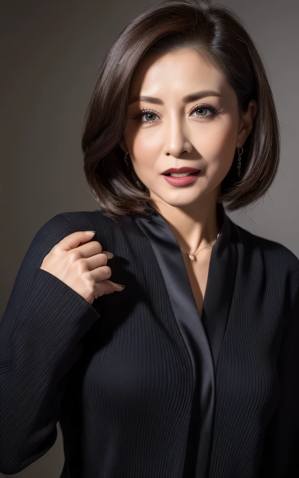 (In 8K, Highest quality, masterpiece:1.2), (Realistic, Photorealistic:1.37), Ultra-detailed, Natural light, , 1 person, 45-year-old woman, Black Hair, pendant, Trendy clothes、Less exposure, Highly detailed face and skin, Detailed eyes, Highly detailed face and skin、Take a full-body photo、color々A pose