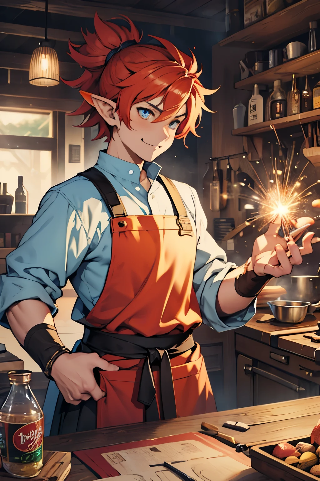 "Design an anime-style image of Bromley Scatterspark, a firework maker gnome with wild, blue hair and fiery and bright red highlights, enthusiastic eyes. He wears a leather apron covered in soot and colored stains.., holding a fresh firework. The background should be the kitchen of a large restaurant., chaotic with with utensils and ingredients, fireworks ready for the next festival. Capture their contagious joy and the moment before the launch of a big test., full of anticipation and excitement. The setting is a medieval fantasy setting.. It is set in a chef role-playing game world.. he is very very short. He has pointy elf ears. blue colored eyes.