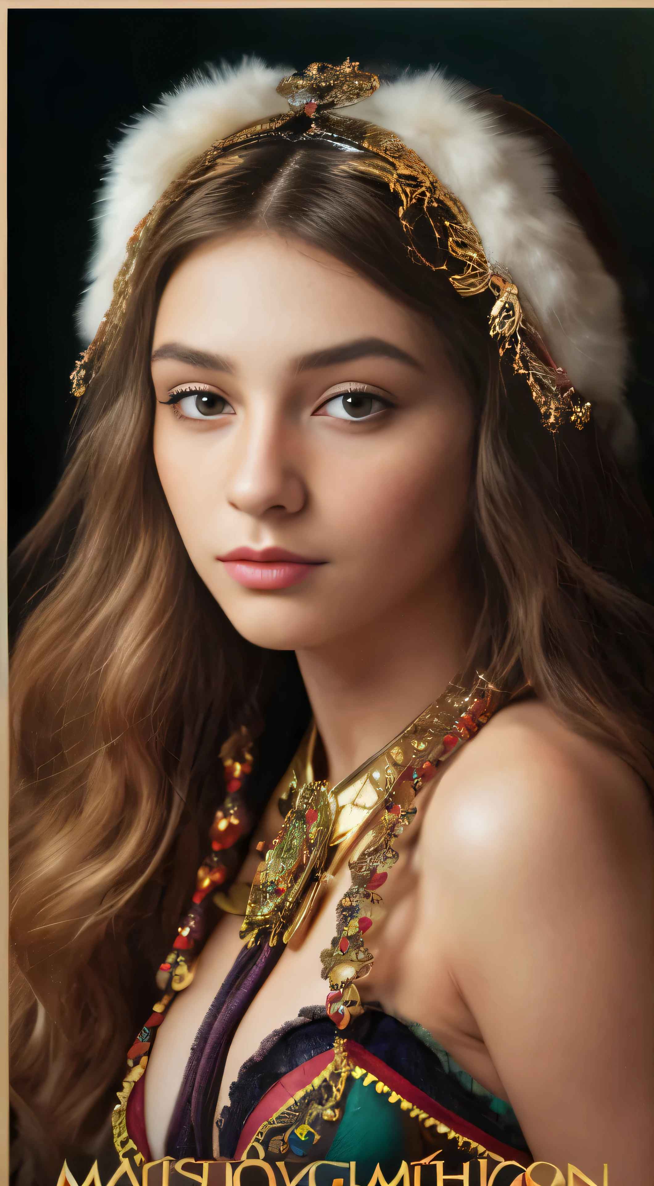 (Positive Focus, Original Photo), Portrait Close-up, (In the Dark: 1.1), Surrealist Female Portrait: A mesmerizing work of art inspired by David Hockney and Alphonse Mucha, 1 Girl with a mysterious expression, adorned in a fantastical costume, wearing gorgeous fur with intricate designs and realistic details. The portrait is bathed in dynamic lighting, creating dramatic shadows and understated highlights. The Art Station poster brings the image to life in stunning 4K, celebrating the award-winning, very detailed faces, and the realistic yet fantastical costume. The girl gazes directly into the camera with a confident and alluring bust