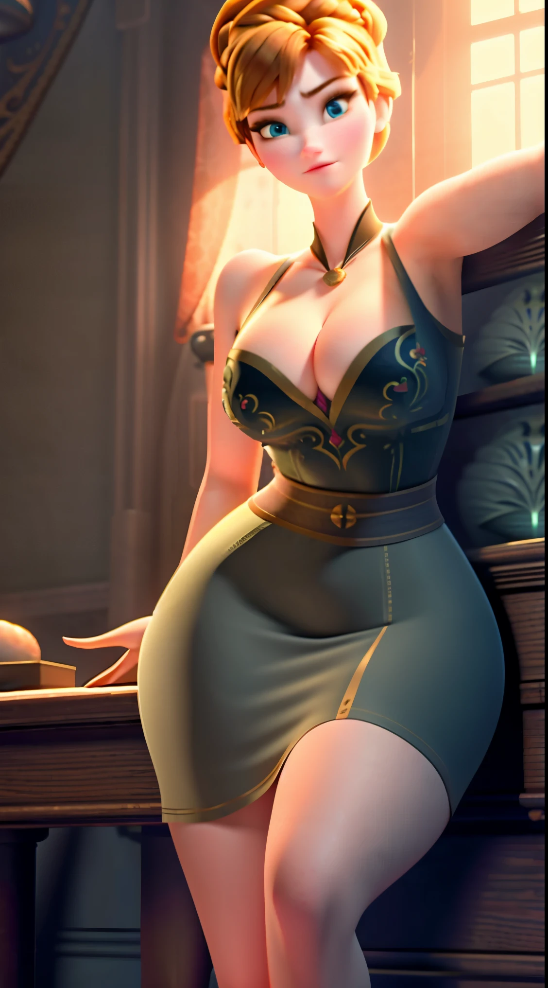 Photo of Anna of Arendelle as a teacher, teacher, teacher clothes, mini dress, Anna from Disney Frozen movie, tall and sexy, superb face, perfect body, provocative, Nice, show breasts, huge breasts, tall, sexy legs, bursting huge breasts, wide hips, busty, sexy, enormous breasts, happy.