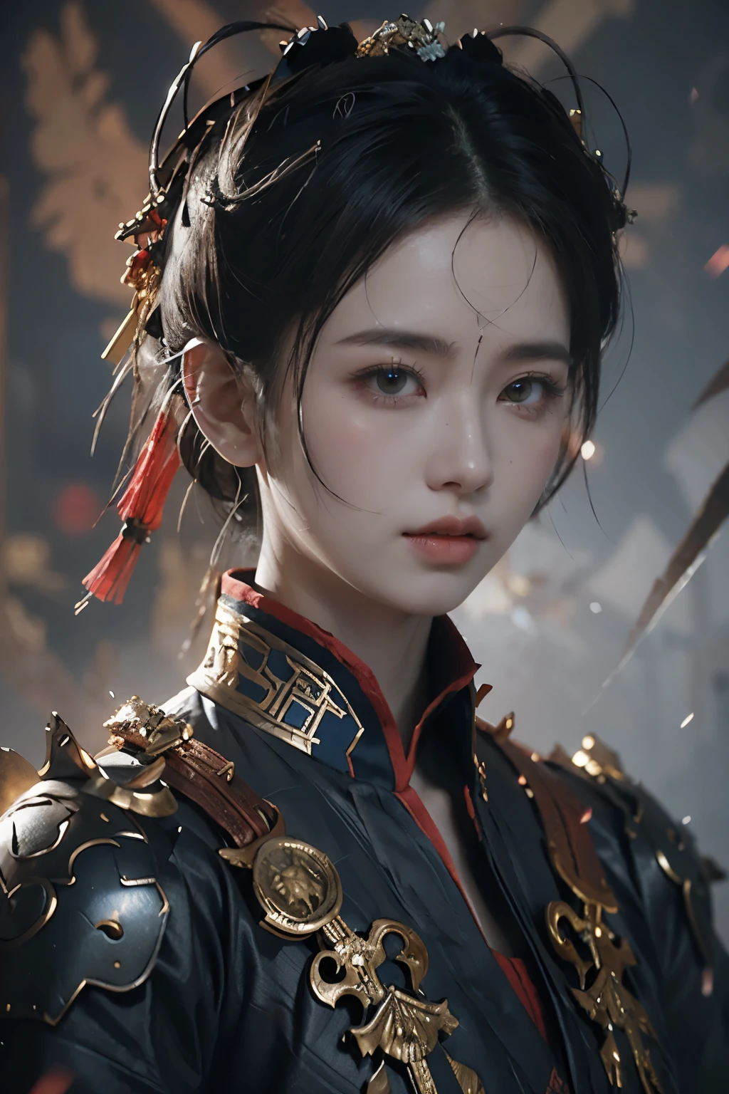 Masterpiece,Game art,The best picture quality,Highest resolution,8K,(Portrait:1.5),Unreal Engine 5 rendering works,(Digital Photography),
Girl,Beautiful pupil,(Gradual short hair is blue and red),Busty,(Big breasts),
(A female general in the ancient fantasy style),(Future combat dress combined with Chinese fantasy style clothing,Chinese style Han costume),Ribbon,Ancient magic patterns glow,Armor rich in detail,(Ancient fantasy),
Movie lights,Ray tracing,Game CG,((3D Unreal Engine)),OC rendering reflection pattern