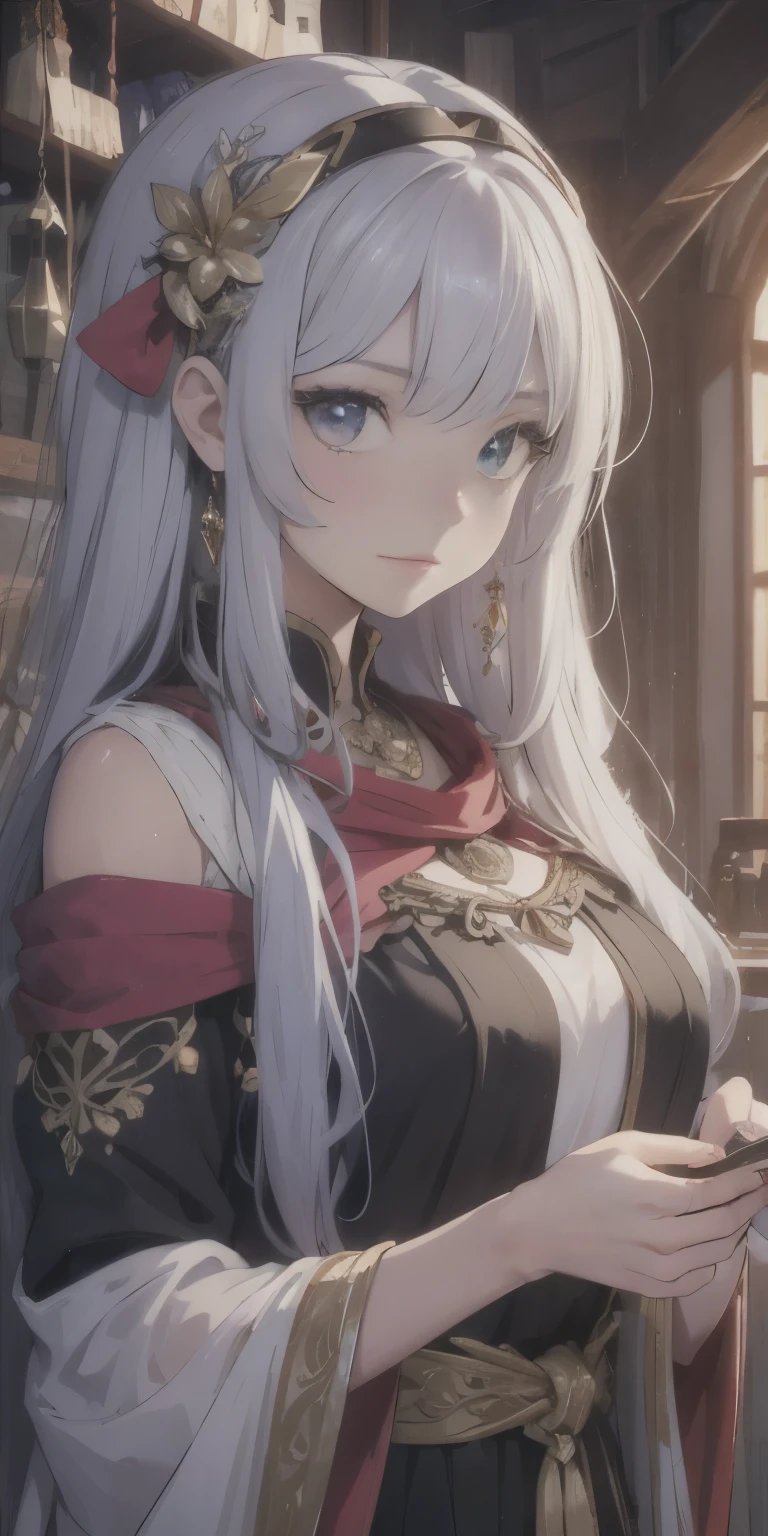 1girl, adult, mature face, long white hair, pale green eyes, innocent, shy, priestess, medieval fantasy, small breasts, lewd, touching her own nipple