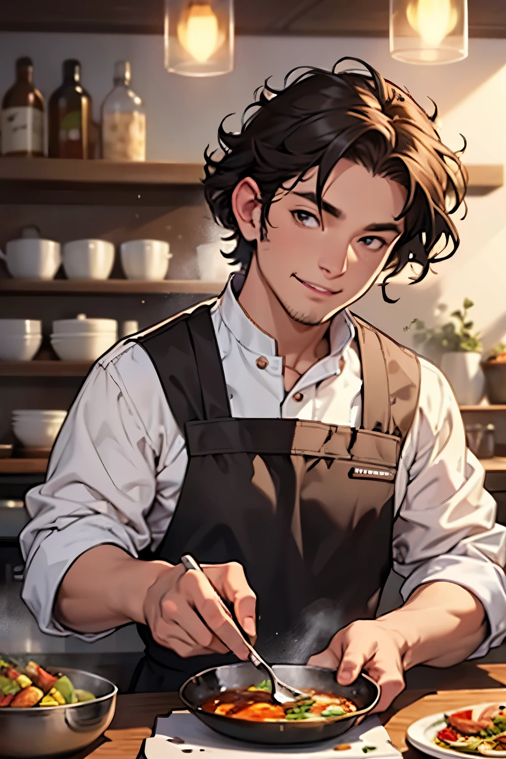 "Create an anime-style illustration of Ivor Underbough, a halfling chef with rosy cheeks, curly brown hair, and a warm, inviting smile. He's adorned in a stained chef's apron, presenting a beautifully prepared, spice-infused dish. The background shows a cozy, bustling kitchen of his renowned inn. His demeanor is welcoming, a testament to his passion for cooking and making guests feel at home. The setting is a medieval fantasy settings. It is set in a fantasy roleplaying world. He is very very short. He has fluffy sideburns."