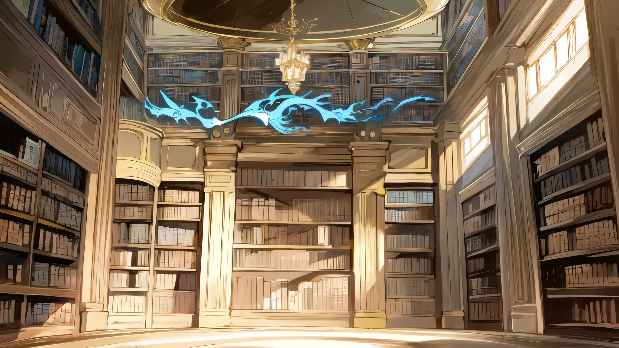 A faint blue dragon bone sword is in the center of the screen，There are golden dragon scale patterns on the sword hilt，Light waves flow on the sword，The scene is the interior of an ancient library，Bookshelf height reaches ceiling，Bookshelves full of parchment scrolls and leather-bound books