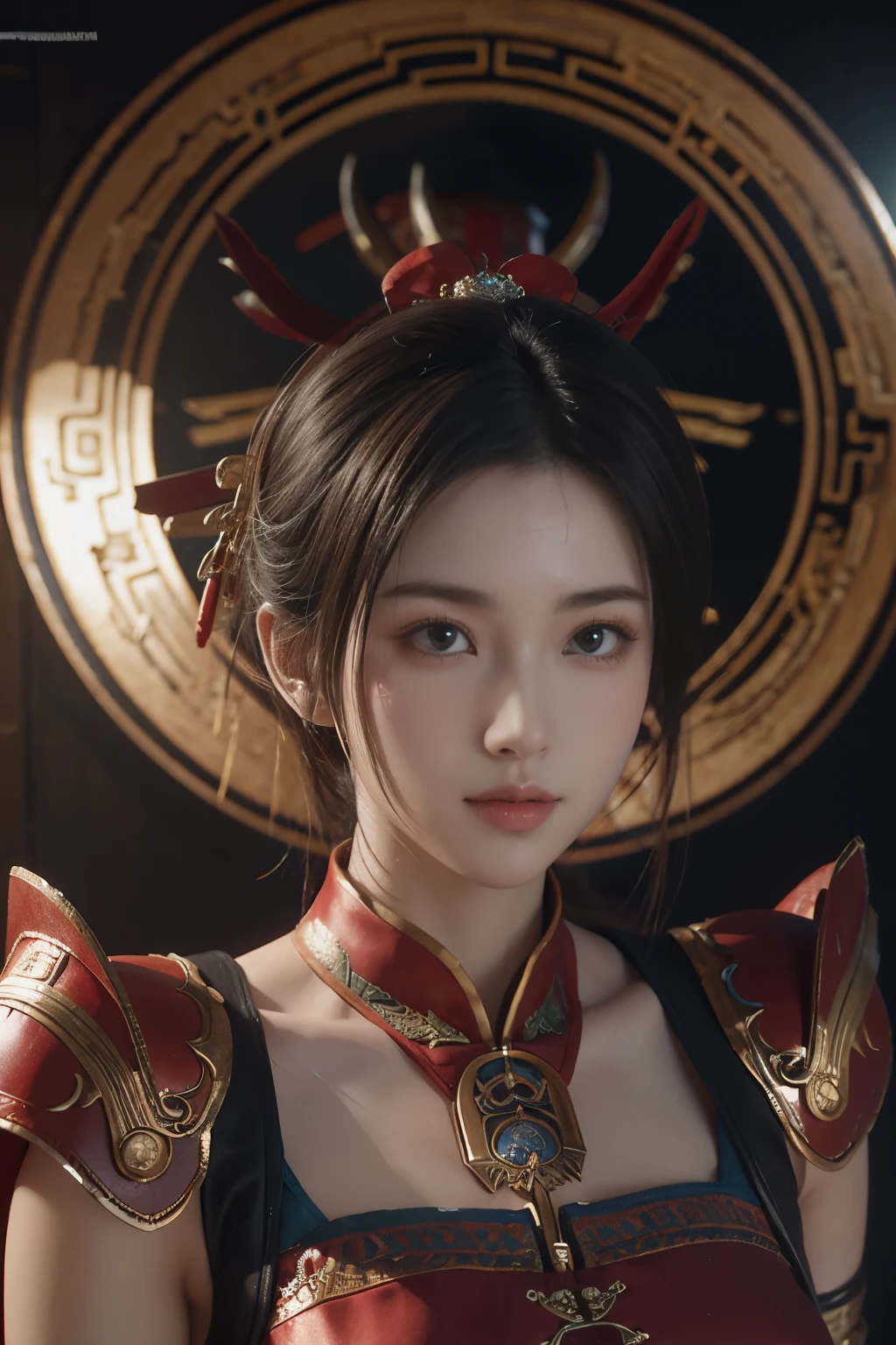Masterpiece,Game art,The best picture quality,Highest resolution,8K,(Portrait:1.5),Unreal Engine 5 rendering works,(Digital Photography),
Girl,Beautiful pupil,(Gradual short hair is blue and red),Busty,(Big breasts),
(A female general in the ancient fantasy style),(Future combat dress combined with Chinese fantasy style clothing,Chinese style Han costume),Ribbon,Ancient magic patterns glow,Armor rich in detail,(Ancient fantasy),
Movie lights,Ray tracing,Game CG,((3D Unreal Engine)),OC rendering reflection pattern