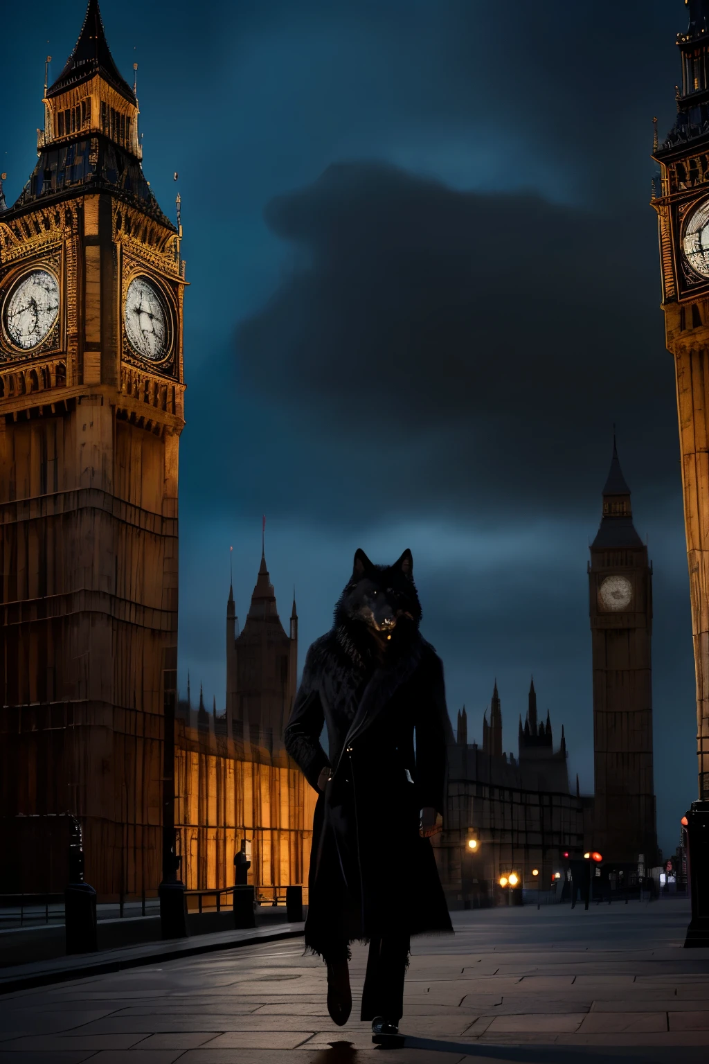 A photograph of a black wolf with red eyes, wearing a black suit, sauntering like a person near the Big Ben in London. This image features an ultra-realistic representation of the wolf with intricately detailed fur texture, piercing red eyes that seem to glow, and a strikingly human-like gait. The wolf's black suit is impeccably tailored, adding an air of mystery and intrigue to the scene. The background portrays the iconic landmark of Big Ben, bathed in a dim, otherworldly light that perfectly complements the wolf's dark ensemble. The overall atmosphere evokes a sense of wonder, surrealism, and an unexplained connection