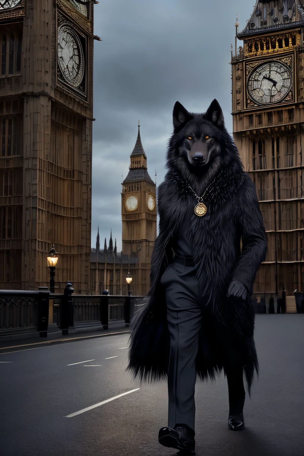 A photograph of a black wolf with red eyes, wearing a black suit, sauntering like a person near the Big Ben in London. This image features an ultra-realistic representation of the wolf with intricately detailed fur texture, piercing red eyes that seem to glow, and a strikingly human-like gait. The wolf's black suit is impeccably tailored, adding an air of mystery and intrigue to the scene. The background portrays the iconic landmark of Big Ben, bathed in a dim, otherworldly light that perfectly complements the wolf's dark ensemble. The overall atmosphere evokes a sense of wonder, surrealism, and an unexplained connection