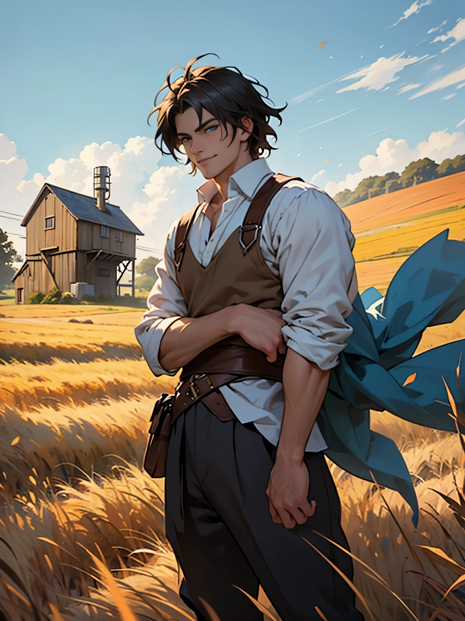 "Design an anime-style image of Harold Grainsworth, a sturdy human miller with short, sandy hair and kind eyes, wearing a simple, flour-dusted shirt and trousers. He's standing in front of a large, wooden mill, arms crossed, with a satisfied smile as he looks over the fields of golden grain. The background should depict the expansive, wind-swept fields that surround Imnescar, with his mill as a central figure. Capture his down-to-earth nature and pride in his work. The setting is a medieval fantasy settings. It is set in a fantasy roleplaying world."