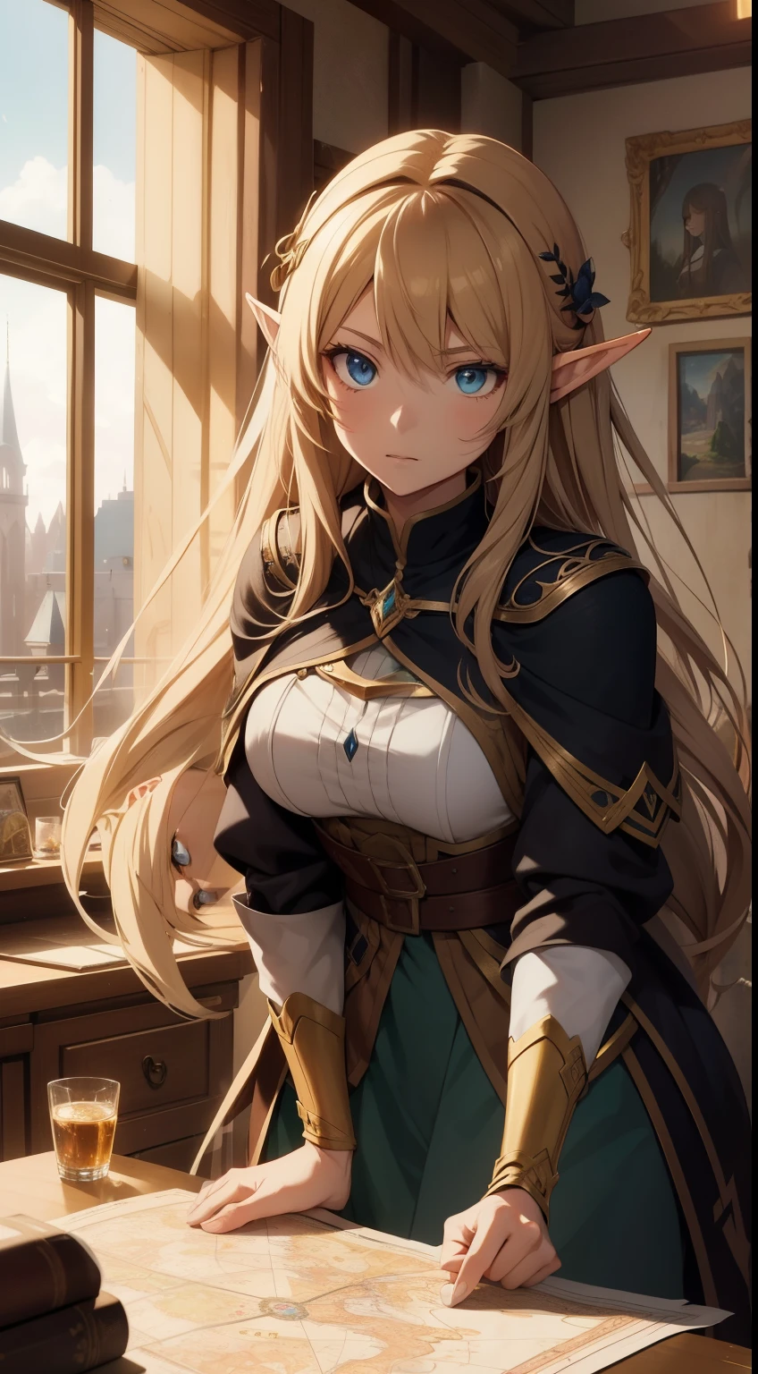 "Create an anime-style illustration of Lia Sunshadow, a half-elf cartographer with long, light brown hair that fades to sun-kissed blond at the ends, and sharp, observant eyes. She's bent over a large, detailed map spread out on a table, quill in hand, marking new discoveries. Her attire is practical, with many pockets for her tools. The background features an open window that looks out onto the bustling city of Imnescar. Her expression is one of focused curiosity, embodying her passion for exploration and mapping the unknown. The setting is a medieval fantasy settings. It is set in a fantasy roleplaying world."