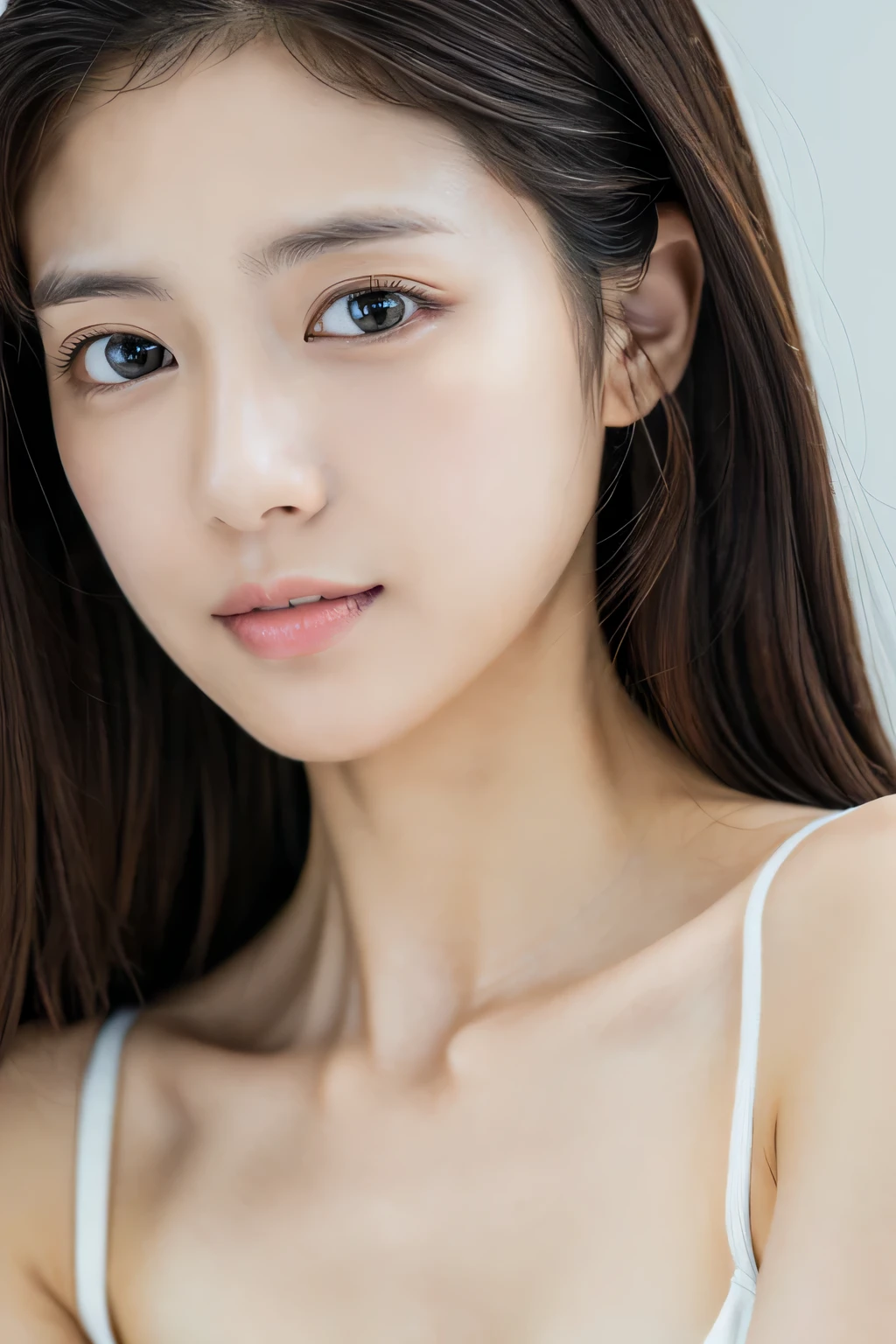 masterpiece, highest quality, Photoreal, Super detailed, finely, High resolution, 8k wallpaper, Professional, Advanced level of detail, 1 girl, thin japanese woman, ((facing the front)), detailed clavicle, perfect face, straight hair, (look straight at the camera)、white mini dress、pose using your whole body