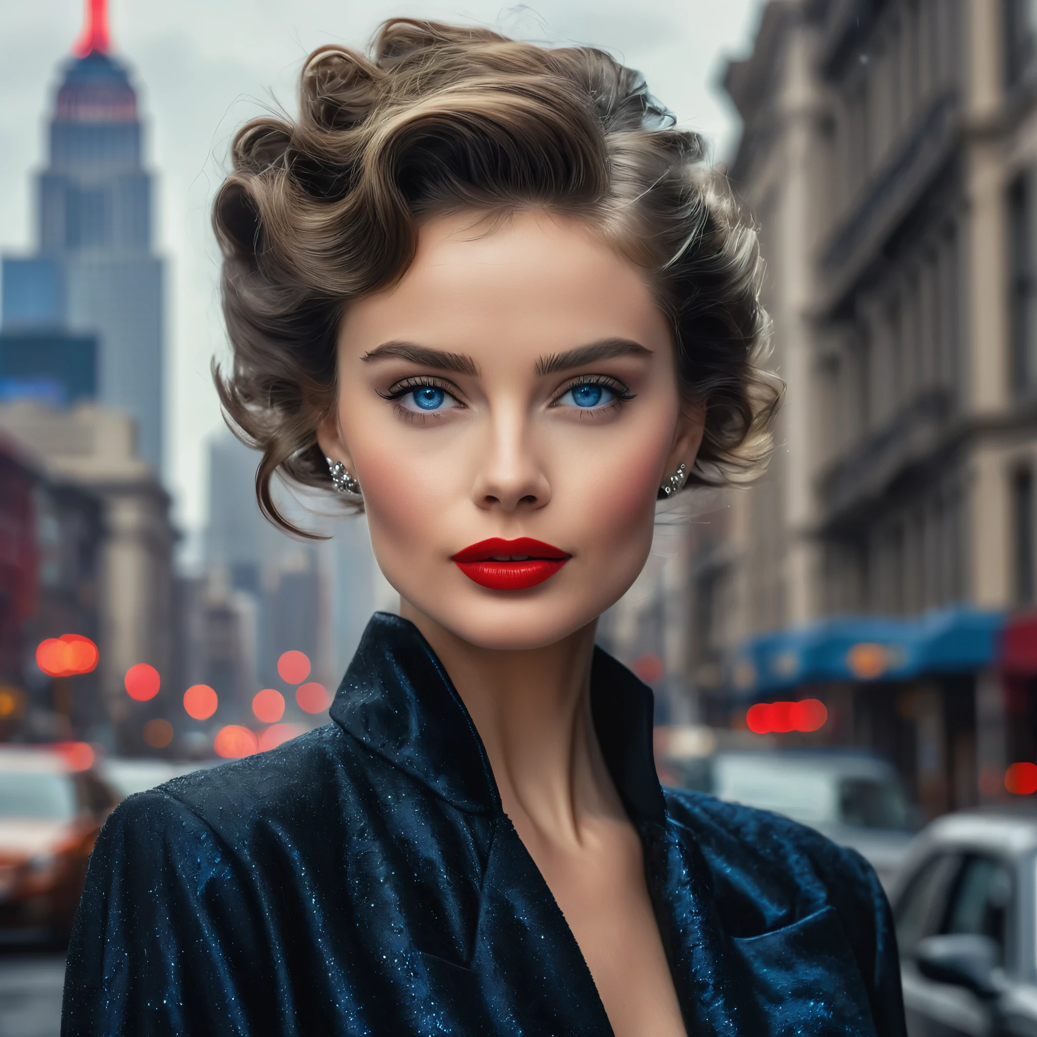 Picture a regal woman with tousled waves cascading around her shoulders, her bright blue eyes gleaming with determination. Her bold red lipstick accentuates her confident smirk as she stands against the backdrop of a monochrome cityscape, exuding power and elegance reminiscent of Audrey Hepburn, 8k, hyper realism 