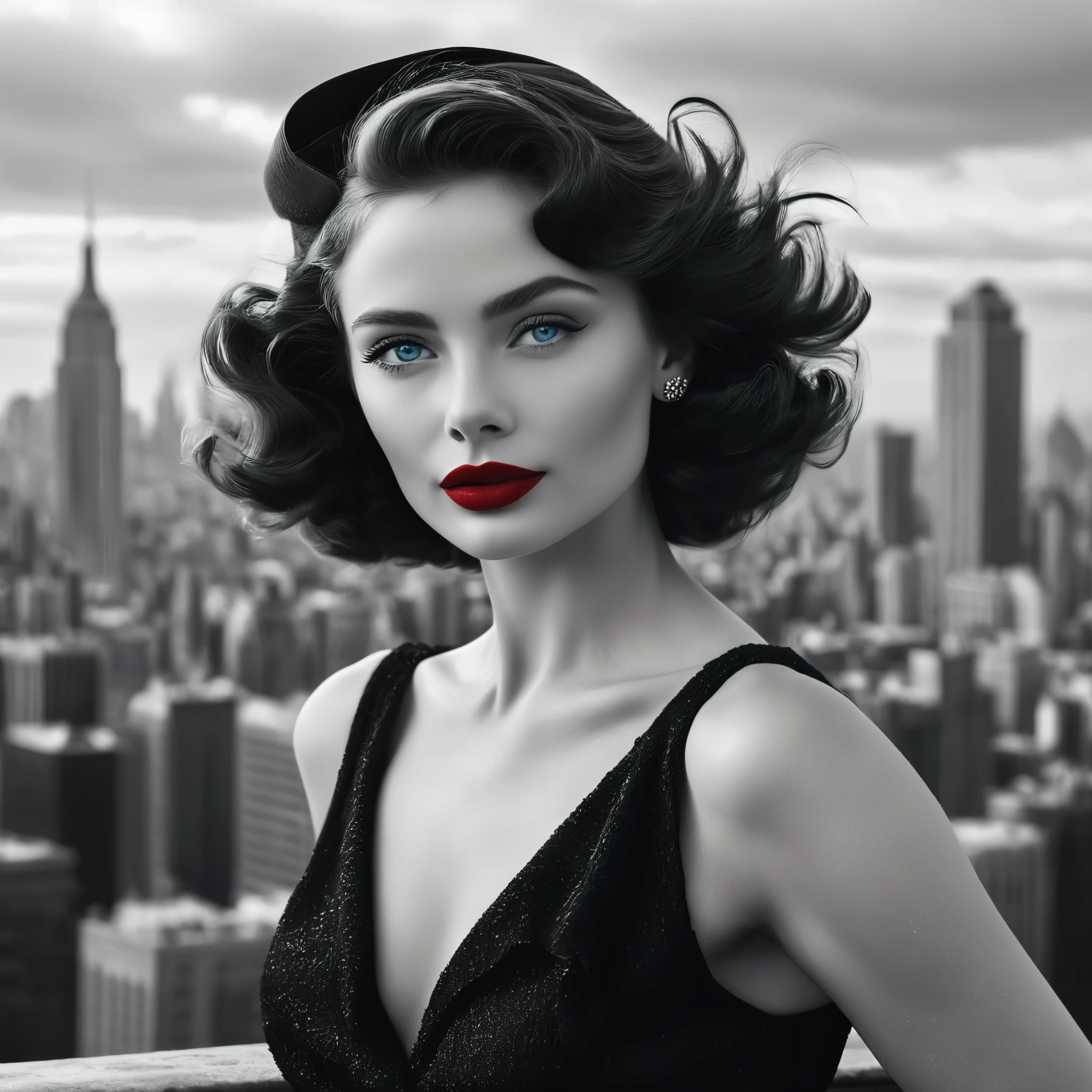 Picture a regal woman with tousled waves cascading around her shoulders, her bright blue eyes gleaming with determination. Her bold red lipstick accentuates her confident smirk as she stands against the backdrop of a monochrome cityscape, exuding power and elegance reminiscent of Audrey Hepburn, 8k, hyper realism