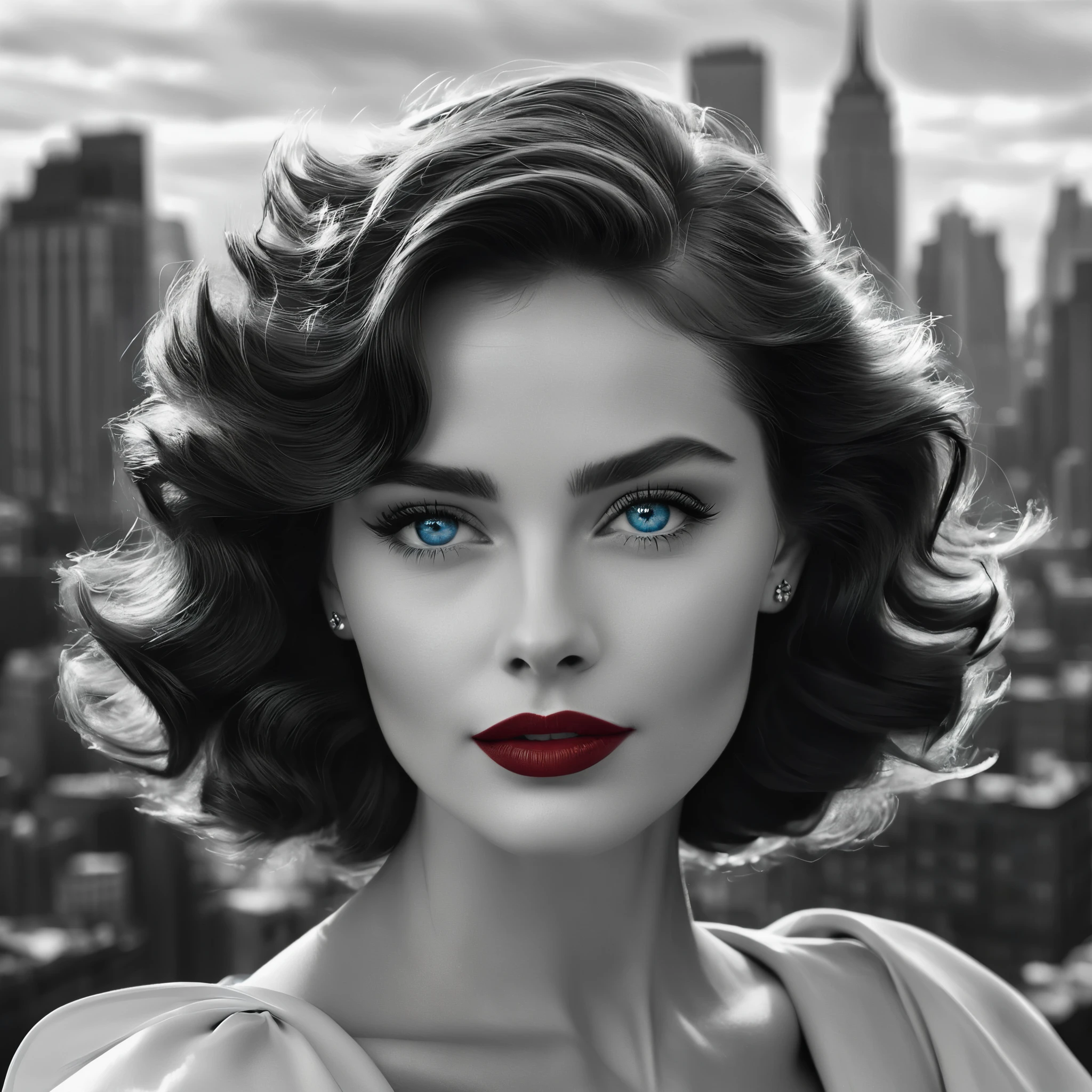 Picture a regal woman with tousled waves cascading around her shoulders, her bright blue eyes gleaming with determination. Her bold red lipstick accentuates her confident smirk as she stands against the backdrop of a monochrome cityscape, exuding power and elegance reminiscent of Audrey Hepburn, 8k, hyper realism