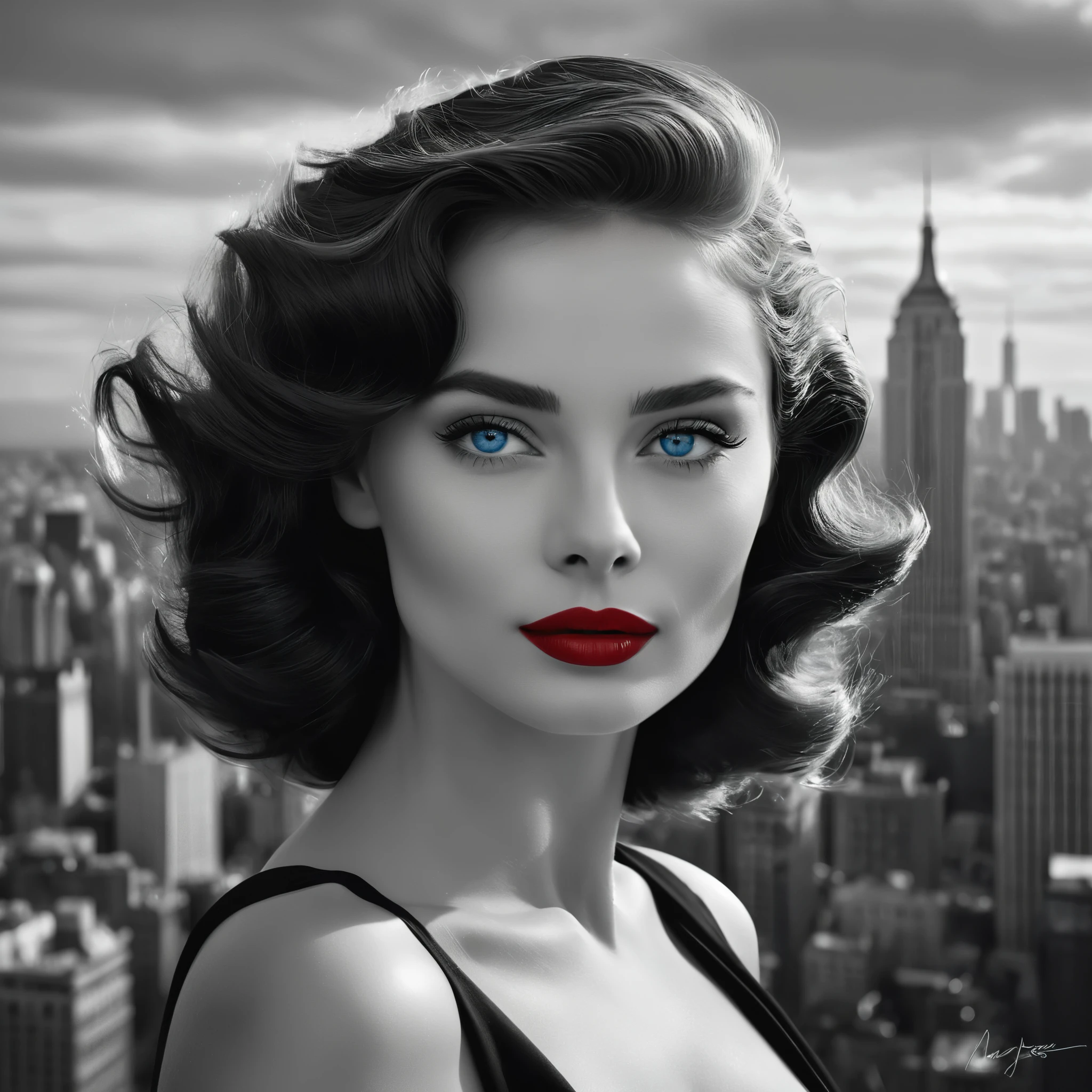 Picture a regal woman with tousled waves cascading around her shoulders, her bright blue eyes gleaming with determination. Her bold red lipstick accentuates her confident smirk as she stands against the backdrop of a monochrome cityscape, exuding power and elegance reminiscent of Audrey Hepburn, 8k, hyper realism