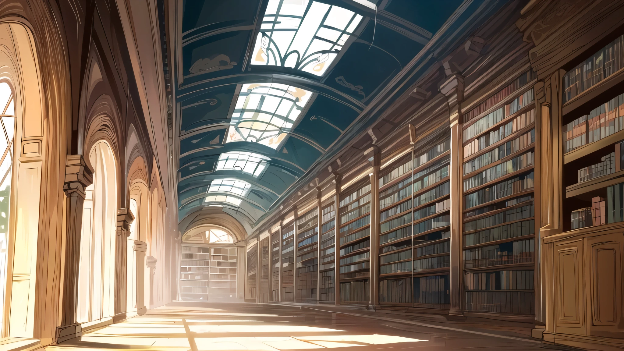 There are golden dragon scale patterns on the sword hilt，Light waves flow on the sword，The scene is the interior of an ancient library，Bookshelf height reaches ceiling，A soft magical light fills the entire space，Brilliant light effects