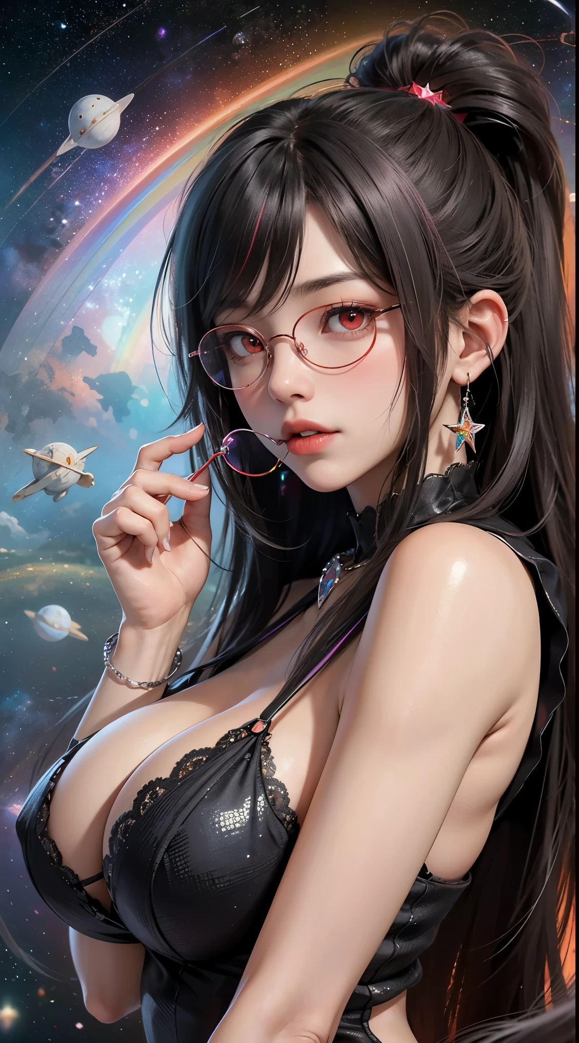 1名 27歳 woman, got it、(best illustration)、8K UHD resolution、intricate details、最high quality、realistic、Super detailed、best writing、best shadow、soft lighting、ultra hd、dungeon and Dragon、cave、dungeon、 necromancer、night、dark style、Succubus、devil'Daughter of、bat wings,(((デーモンホーンラック縁round glasses))))、(((big breasts)))、(devil'tail)、(red eyes shine:1.6)、masterpiece、beautiful features、Tyndall effect、realisticphotograph、(high detail skin:1.2)、8KUHD、Digital single-lens reflex camera、high quality、photograph、High resolution、 absurd、Ponytail distortion、Optimal ratio of 4 fingers and 1 thumb、1 girl、hair ornaments、真っ赤に輝くgemのネックレス、gem、beautiful expression、body up、big breasts emphasis、tight waist、wide ass、Tyndall effect、Photoreal、(high detail skin:1.2)、dark and mysterious version, lipstick red lips, thin and beautiful lips, Don'Don'Don'don't laugh, please keep your mouth shut, Characters created by Karol Baku and Pino Denis, intricate details, detailed background, very detailed, magic of light, woman, cute face, ((((giant glasses, otaku glasses, thick glasses, round glasses))))、 looking at the Upper body of the goddess , round chest, big and round chest, phoenix hair brooch, long hair with bangs, (Long hair has seven colors like a rainbow:1.9), Beautifully detailed face and well-proportioned eyes, (Crystal clear red eyes: 1.8), Big round eyes and very beautiful and detailed makeup, Visionary, long silk nightgowns, mysterious makeup, ブresponseレット, I dyed the side bangs light yellow...., Upper body, (goddess Upper body: 1.8), hanging arms, リアルで鮮やかなphotograph, (stars that make up : 1.7), ( Space-time portal of sky and imagination: 1.8), fiction art, RAWphotograph,黒い着物のphotograph, 最高のphotograph , expensive_response, 最high quality, 最高のphotograph, 8K quality, 8k ultra , surrealism, 最も経済的な本物のphotograph, Artistic portrait of 12 signs, Symbol of one of the 12 signs on the reverse side, 12 Portrait of the Goddess, 最もrealistic配色, 最高のphotograph color, masterpiece, hair ornaments, ネックresponse, jewelry, beautiful face, Upper body, Tyndall effect, photographのようにリアルな, Dark studio, border light, two tone light, (fine skin) expensive: 1.2), 8K UHD, Digital single-lens reflex camera, soft light, expensive quality, volume light, Frank, photograph, expensive responseolution, 4K quality, 8K, Bokeh, smooth and sharp, 10x more pixels, Charming goddess, sexy goddess, (background space: 1.8), (milky way: 1.7), aurora, lightning, (auroraの背景: 1.8) <roller:crazy_perfect eyes_V1_from_V1_, beautiful goddess and flowers,