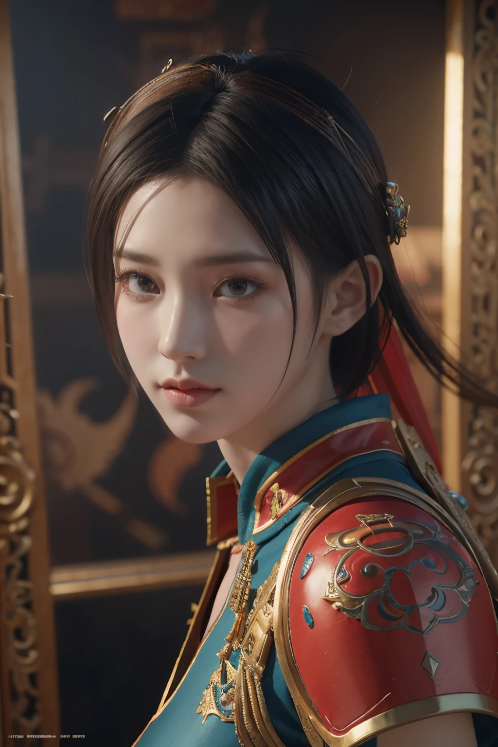 Masterpiece,Game art,The best picture quality,Highest resolution,8K,(Portrait:1.5),Unreal Engine 5 rendering works,(Digital Photography),
Girl,Beautiful pupil,(Gradual short hair is blue and red),Busty,(Big breasts),
(A female general in the ancient fantasy style),(Future combat dress combined with Chinese fantasy style clothing,Chinese style Han costume),Ribbon,Ancient magic patterns glow,Armor rich in detail,(Ancient fantasy),
Movie lights，Ray tracing，Game CG，((3D Unreal Engine))，OC rendering reflection pattern