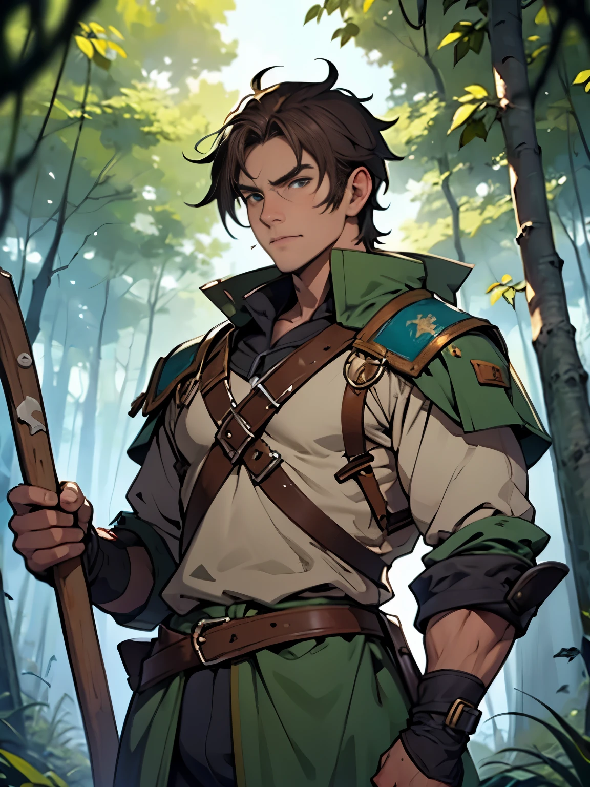 "Design an anime-style image of Rolf Barkskin, a rugged human forester with short, brown hair. He's wearing durable clothing and carrying an axe over his shoulder, standing at the edge of the forest. The background is the dense, green woodland he protects and manages. Capture his connection to the forest, a steadfast protector of its secrets and sanctity. The setting is a medieval fantasy settings. It is set in a fantasy roleplaying world."