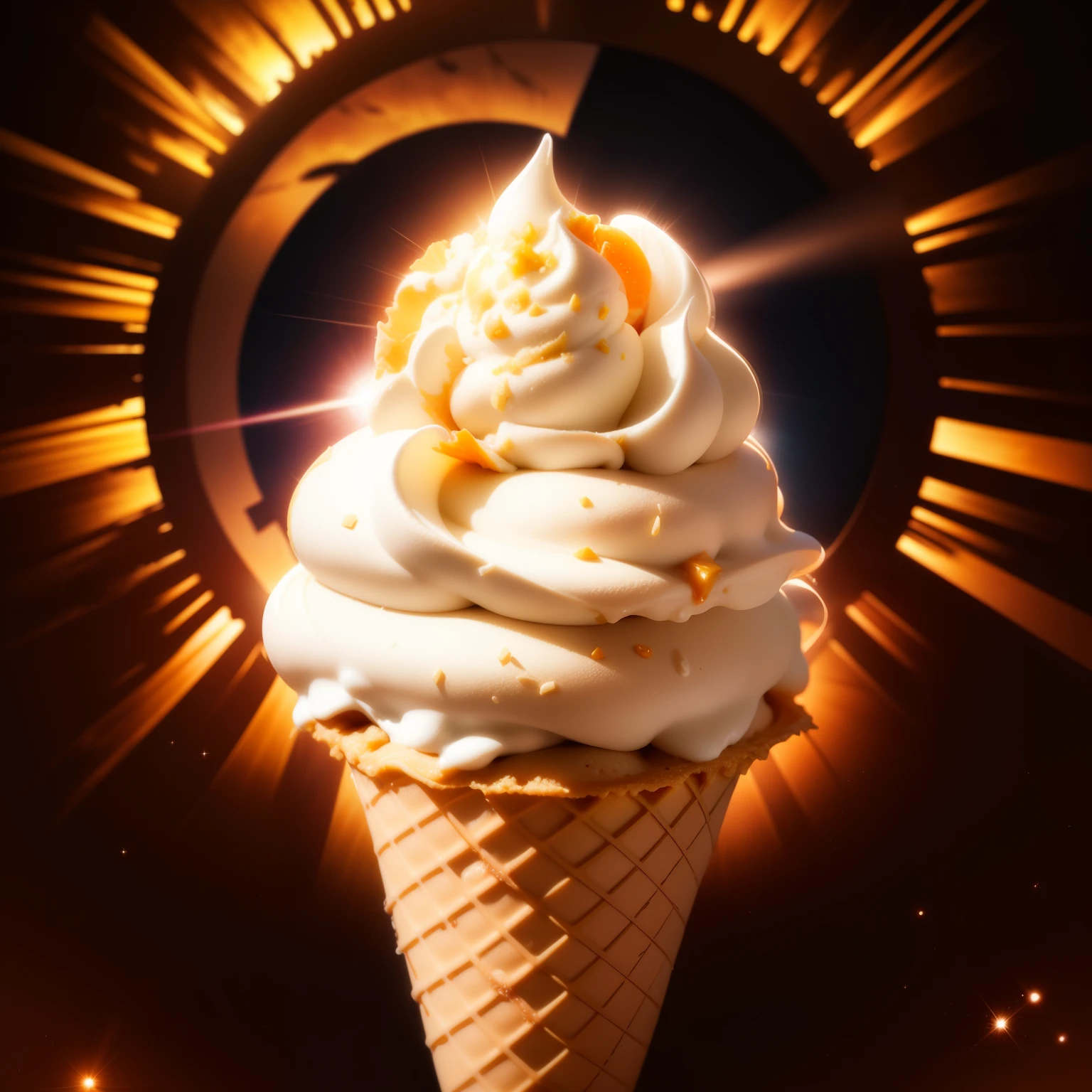 there is an ice cream cone with a sun in the background, ice cream cone, ice cream, cone, ice cream cones, suns, light cone, ❤🔥🍄🌪, ice cream on the side, starburst, trending， whipped cream, Solaris, album art, delicious, melting sun, the suns light is consumed A classic sugar cone filled with our creamy Luna Delight ice cream, perfect for indulging on the go looks like the solar eclipse, and the waffle cone with a moon crescent with it and a souvenir that goes the waffle cone that is related to the waffle cone image. 

