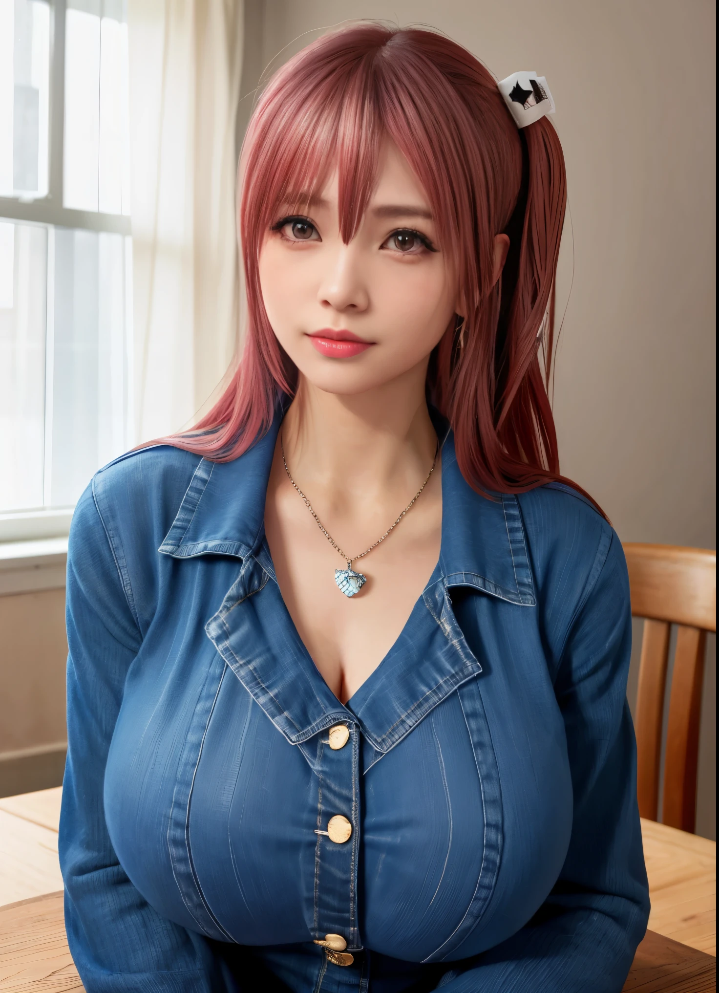 8K, best quality, on the table:1.2), (actual, realism:1.37), best quality, on the table, beautiful young woman, A thoughtful expression,、a charming、and charming appearance, , , monochrome background， huge breasts，Super huge breasts，pink hair，Honoka，red lips，Lovely，beautiful girl，necklace，earrings，denim jacket