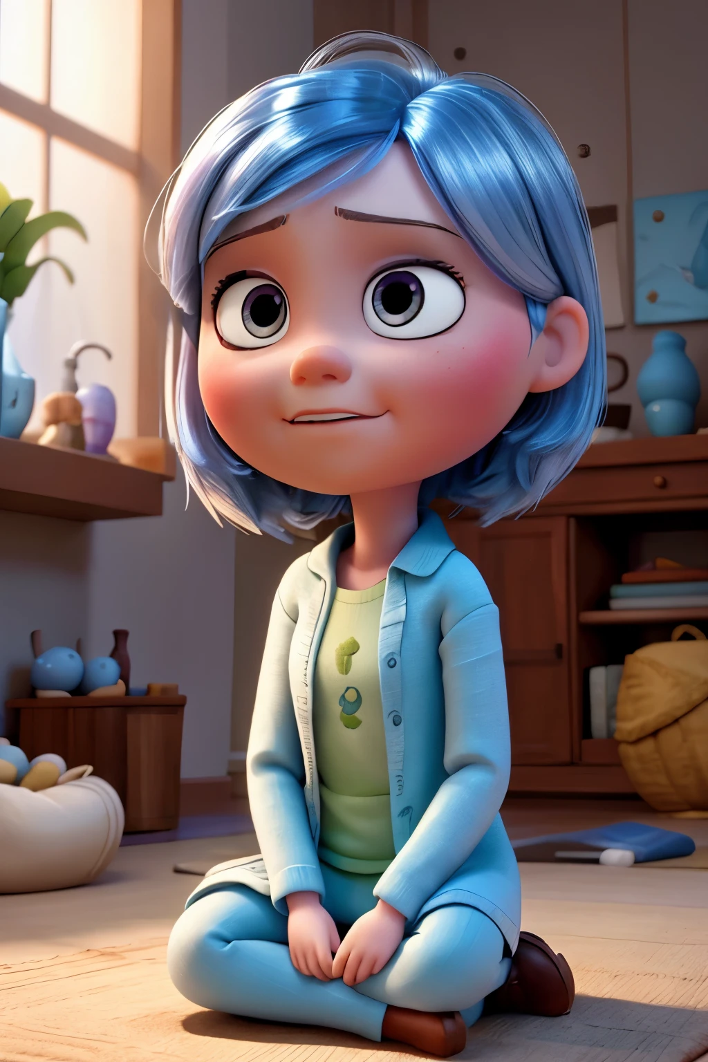 with calm or tranquil facial expression, movie inspiration: inside out , meditando , aprox de edad 12 , animated doll that represents that emotion