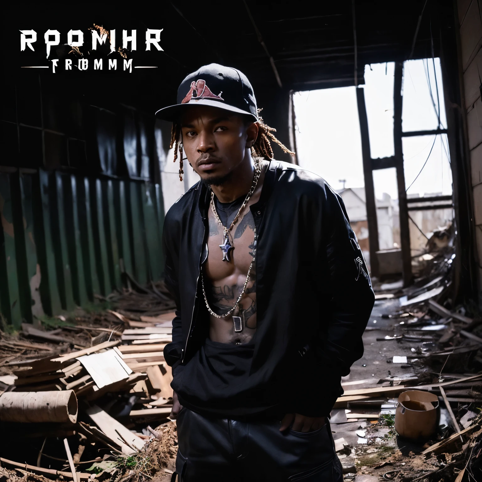 Make an album cover with the reborn theme,  com um homem negro revoltada com vida, as if she were being reborn in the midst of everything bad in life, tendo Um dom e um pecado, a light and a darkness 