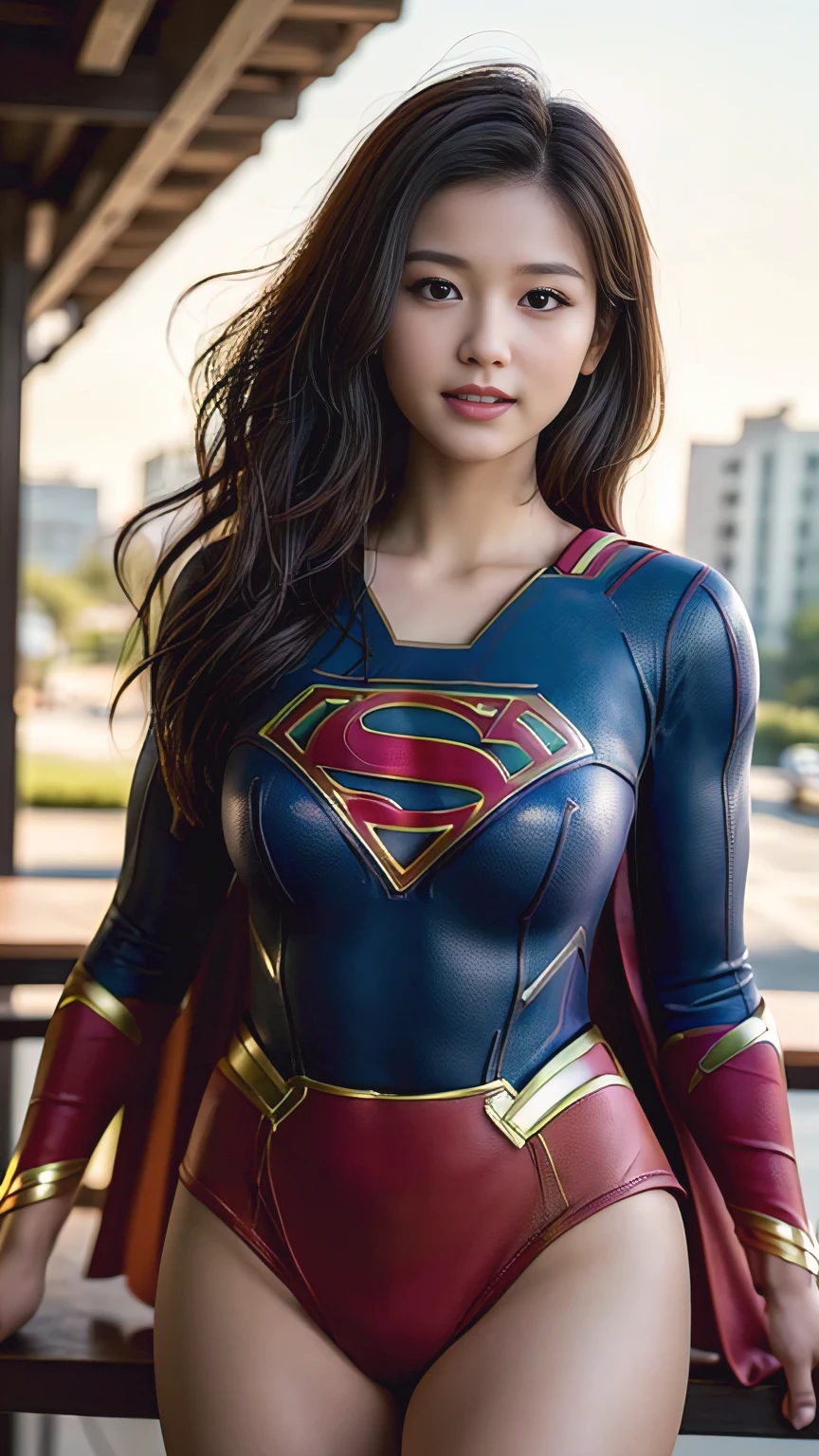 4K, (realistic:1.37), best quality, table top, Ultra A high resolution, Healthy skin tone, break, dynamic pose, alone, 21 years old, cinematic, fighting stance, (((she'I'm wearing DC'supergirl costume.))), The wind blows. Wear Bruma style short pants., ((S mark on chest)), my heart is open., Long Little Red Riding Hood, she의 아름다운 얼굴에 겁 없는 미소가 나타난다., Light brown short hair, elegant, Beautiful body like an athlete, (((매우 big bust))), ((Non-breaststroke)), top that shows the navel, 매우 윤기I am 지성 피부, big bust, big ass, open your legs, ((Please show me your panty line)), I am, In a city in ruins, break, Highly detailed beautiful eyes and face, Detailed fabric texture, 엄청나게 세밀하고 realistic 피부 질감, (The right balance of the body), Top-quality lighting that does not darken your face even when backlit, looking straight at the camera, low position camera shot,