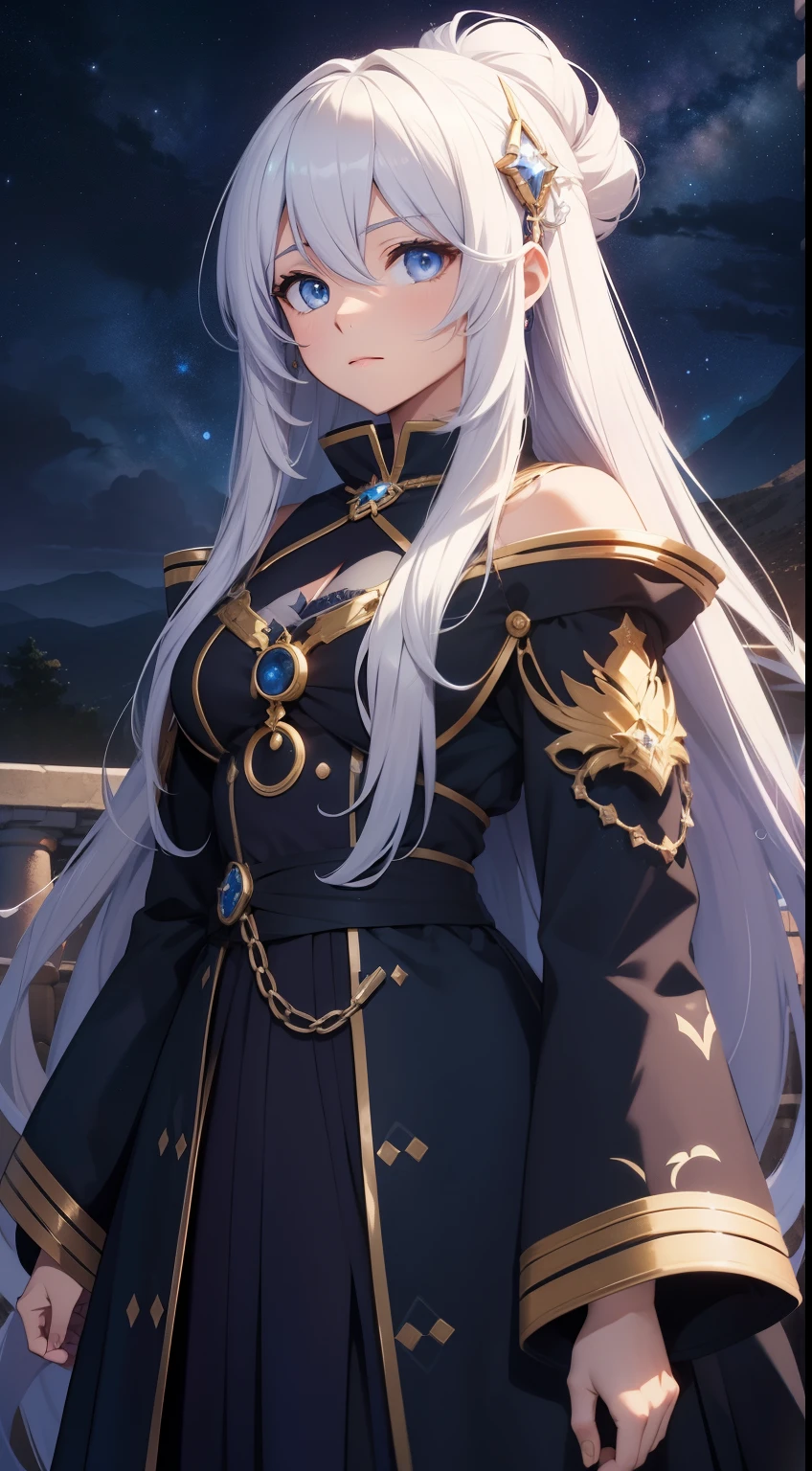 "Design an anime-style illustration of Celeste Starborn, a mystical human astrologer with long, silver hair that seems to reflect the night sky and deep, starry eyes full of wisdom. She's surrounded by celestial charts and a large, ancient telescope pointed towards the heavens. The background is her observatory, high above Imnescar, where the stars tell their secrets. Her expression is one of serene knowledge, as she deciphers the fate written in the stars. The setting is a medieval fantasy settings. It is set in a fantasy roleplaying world."