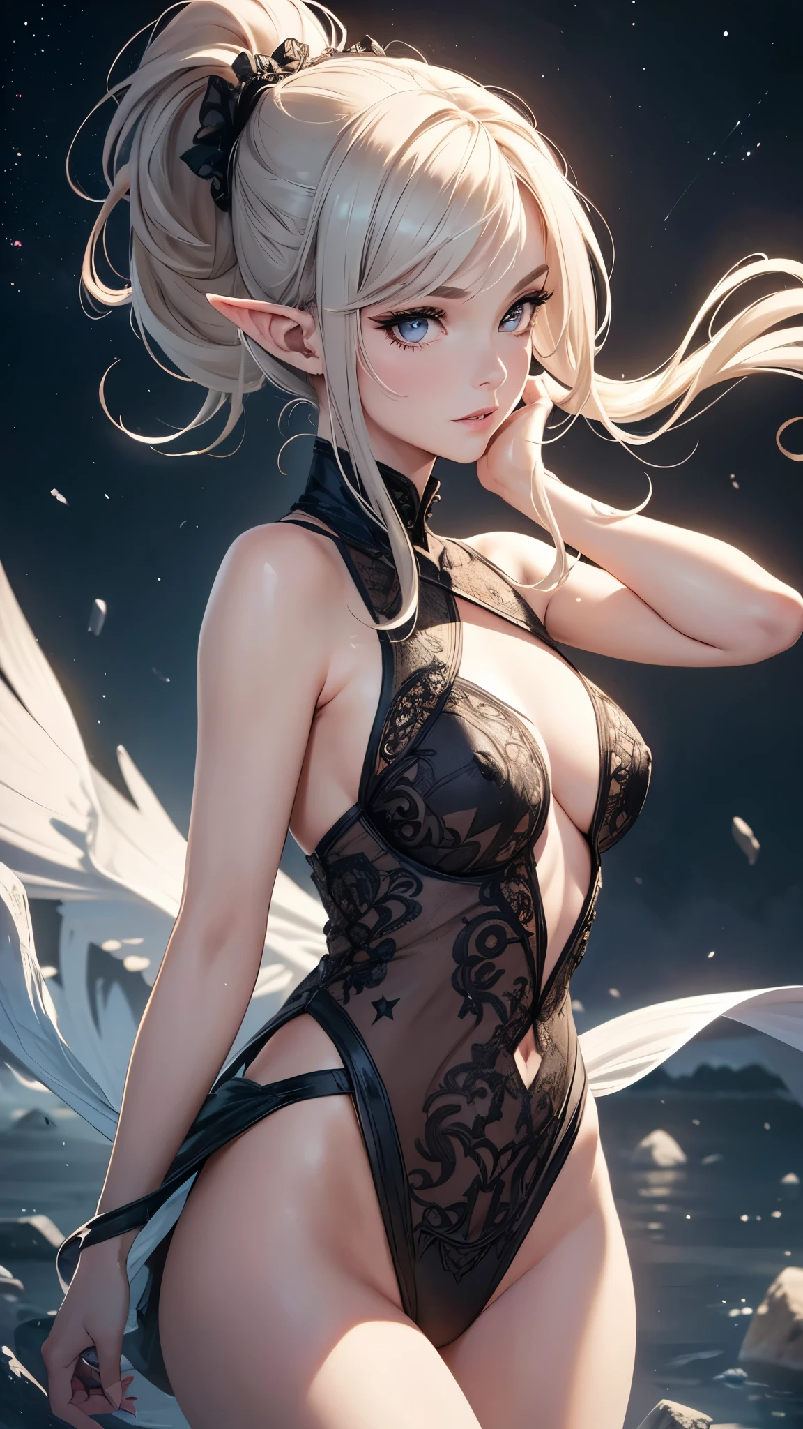 (best quality,4k,8k,highres,masterpiece:1.2),ultra-detailed,(realistic,photorealistic,photo-realistic:1.37),portrait,(beautiful,detailed:1.1) eyes,(beautiful,detailed:1.1) lips,(extremely,detailed:1.1) eyes and face,long eyelashes,hairstyle(ash-colored ponytail),half-elf,figure,model,long legs,elongated face,sexually suggestive pose,incredible beauty,background:space