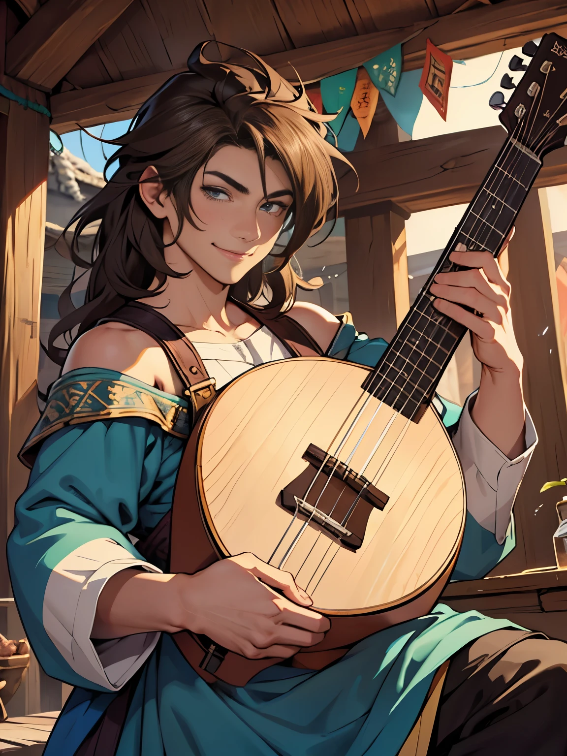 "Generate an anime-style depiction of Eduardo Silverstring, a charming human bard with shoulder-length, wavy brown hair and a smile that can melt hearts. Clad in a colorful ensemble, he strums a lute with intricate designs, captivating his audience. The background is a lively tavern in Imnescar, filled with the rapt faces of townsfolk hanging on his every note. Capture his charisma and the magical, almost tangible connection between him and his audience. The setting is a medieval fantasy settings. It is set in a fantasy roleplaying world."