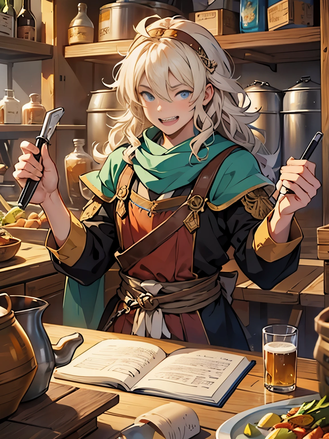 "Create an anime-style illustration of Finn Barleycorn, a young and eager human brewer's assistant with a mop of curly hair and an infectious enthusiasm. He's checking the brew in a large, wooden vat, taking notes. The background is the bustling interior of Helga Stoutbarrel's brewery, a place of learning and laughter. Capture his curiosity and the joy of mastering the art of brewing, the heart of a craftsman awakening. The setting is a medieval fantasy settings. It is set in a fantasy roleplaying world."