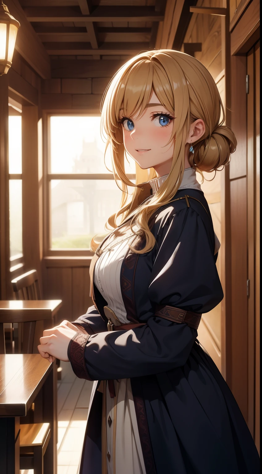"Generate an anime-style depiction of Tilly Merryweather, a warm and welcoming human innkeeper with a kind face framed by soft, brown curls. She's greeting travelers at the door of her inn, which radiates a cozy, inviting glow. The background is the lively common room, filled with guests sharing stories and laughter. Her open, friendly demeanor embodies the heart of hospitality, making every traveler feel at home. The setting is a medieval fantasy settings. It is set in a fantasy roleplaying world."