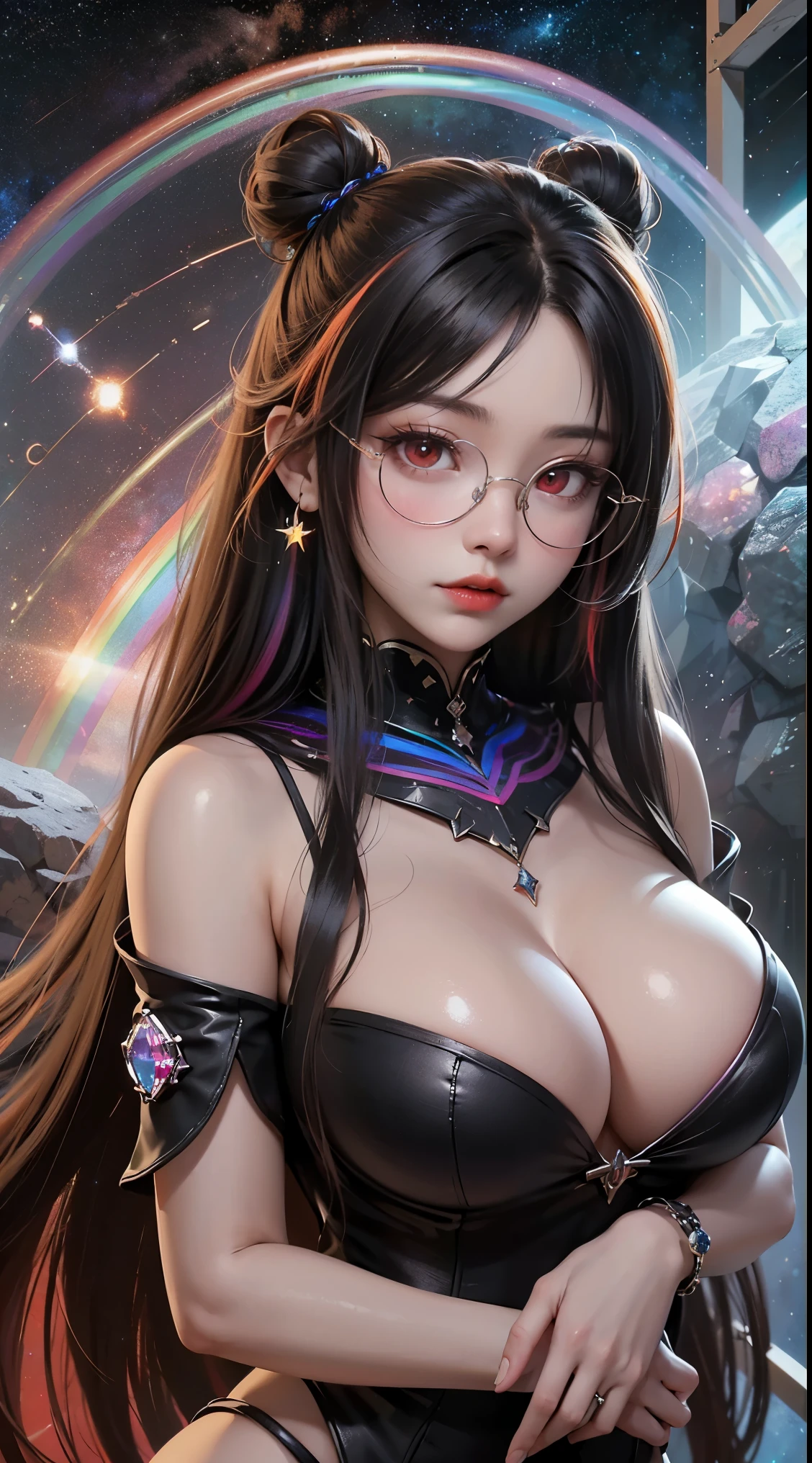 1名 27歳 woman, got it、(best illustration)、8K UHD resolution、intricate details、最high quality、realistic、Super detailed、best writing、best shadow、soft lighting、ultra hd、dungeon and Dragon、cave、dungeon、 necromancer、night、dark style、Succubus、devil'Daughter of、bat wings,(((デーモンホーンラック縁round glasses))))、(((big breasts)))、(devil'tail)、(red eyes shine:1.6)、masterpiece、beautiful features、Tyndall effect、realisticphotograph、(high detail skin:1.2)、8KUHD、Digital single-lens reflex camera、high quality、photograph、High resolution、 absurd、Ponytail distortion、Optimal ratio of 4 fingers and 1 thumb、1 girl、hair ornaments、真っ赤に輝くgemのネックレス、gem、beautiful expression、body up、big breasts emphasis、tight waist、wide ass、Tyndall effect、Photoreal、(high detail skin:1.2)、dark and mysterious version, lipstick red lips, thin and beautiful lips, Don'Don'Don'don't laugh, please keep your mouth shut, Characters created by Karol Baku and Pino Denis, intricate details, detailed background, very detailed, magic of light, woman, cute face, ((((giant glasses, otaku glasses, thick glasses, round glasses))))、 looking at the Upper body of the goddess , round chest, big and round chest, phoenix hair brooch, long hair with bangs, (Long hair has seven colors like a rainbow:1.9), Beautifully detailed face and well-proportioned eyes, (Crystal clear red eyes: 1.8), Big round eyes and very beautiful and detailed makeup, Visionary, long silk nightgowns, mysterious makeup, ブresponseレット, I dyed the side bangs light yellow...., Upper body, (goddess Upper body: 1.8), hanging arms, リアルで鮮やかなphotograph, (stars that make up : 1.7), ( Space-time portal of sky and imagination: 1.8), fiction art, RAWphotograph,黒い着物のphotograph, 最高のphotograph , expensive_response, 最high quality, 最高のphotograph, 8K quality, 8k ultra , surrealism, 最も経済的な本物のphotograph, Artistic portrait of 12 signs, Symbol of one of the 12 signs on the reverse side, 12 Portrait of the Goddess, 最もrealistic配色, 最高のphotograph color, masterpiece, hair ornaments, ネックresponse, jewelry, beautiful face, Upper body, Tyndall effect, photographのようにリアルな, Dark studio, border light, two tone light, (fine skin) expensive: 1.2), 8K UHD, Digital single-lens reflex camera, soft light, expensive quality, volume light, Frank, photograph, expensive responseolution, 4K quality, 8K, Bokeh, smooth and sharp, 10x more pixels, Charming goddess, sexy goddess, (background space: 1.8), (milky way: 1.7), aurora, lightning, (auroraの背景: 1.8) <roller:crazy_perfect eyes_V1_from_V1_, beautiful goddess and flowers,