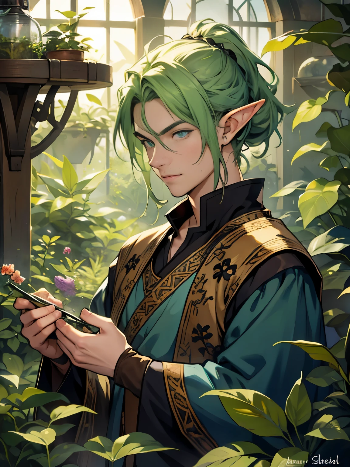 "Design an anime-style image of Gilbert Shadowleaf, an elf herbalist with sleek, green-tinted hair and eyes as clear as forest streams. He's gently tending to a rare, glowing herb in his tranquil garden, surrounded by a bounty of plants and flowers. The background is his greenhouse, a haven of peace and natural wonder within Imnescar. Capture his deep connection to the earth and the serene focus he brings to his work. The setting is a medieval fantasy settings. It is set in a fantasy roleplaying world."