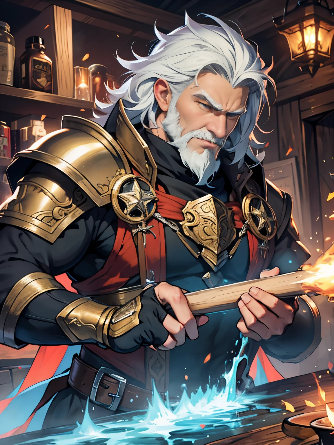 "Craft an anime-style portrayal of Wilhelm, a giant of a man with a broad, muscular build, and short, tousled hair, known for his strength and gentle heart. In his forge, surrounded by sparks and the glow of molten metal, he wields a hammer with ease, crafting a masterpiece. The background is his well-organized smithy, a testament to his dedication to his craft. Capture the warmth in his eyes and the pride he takes in his work. The setting is a medieval fantasy settings. It is set in a fantasy roleplaying world."