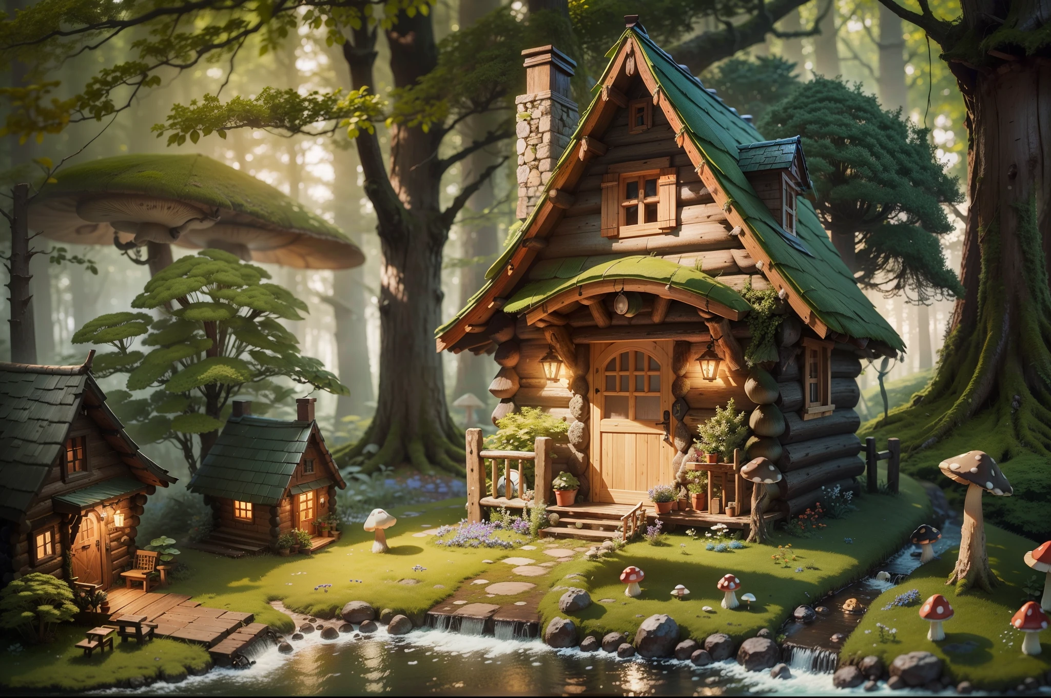 Close-up of a small house with mushrooms growing in the garden, cabin in the forest, Cottage in the woods, little house in the forest, witch cabin in the forest, elves house, Beautiful fairy tale rendering, mushroom house, house in forest, Small cottage, Beautiful house on a forest road, house in the wood, Shanzhai Core, Gensoya