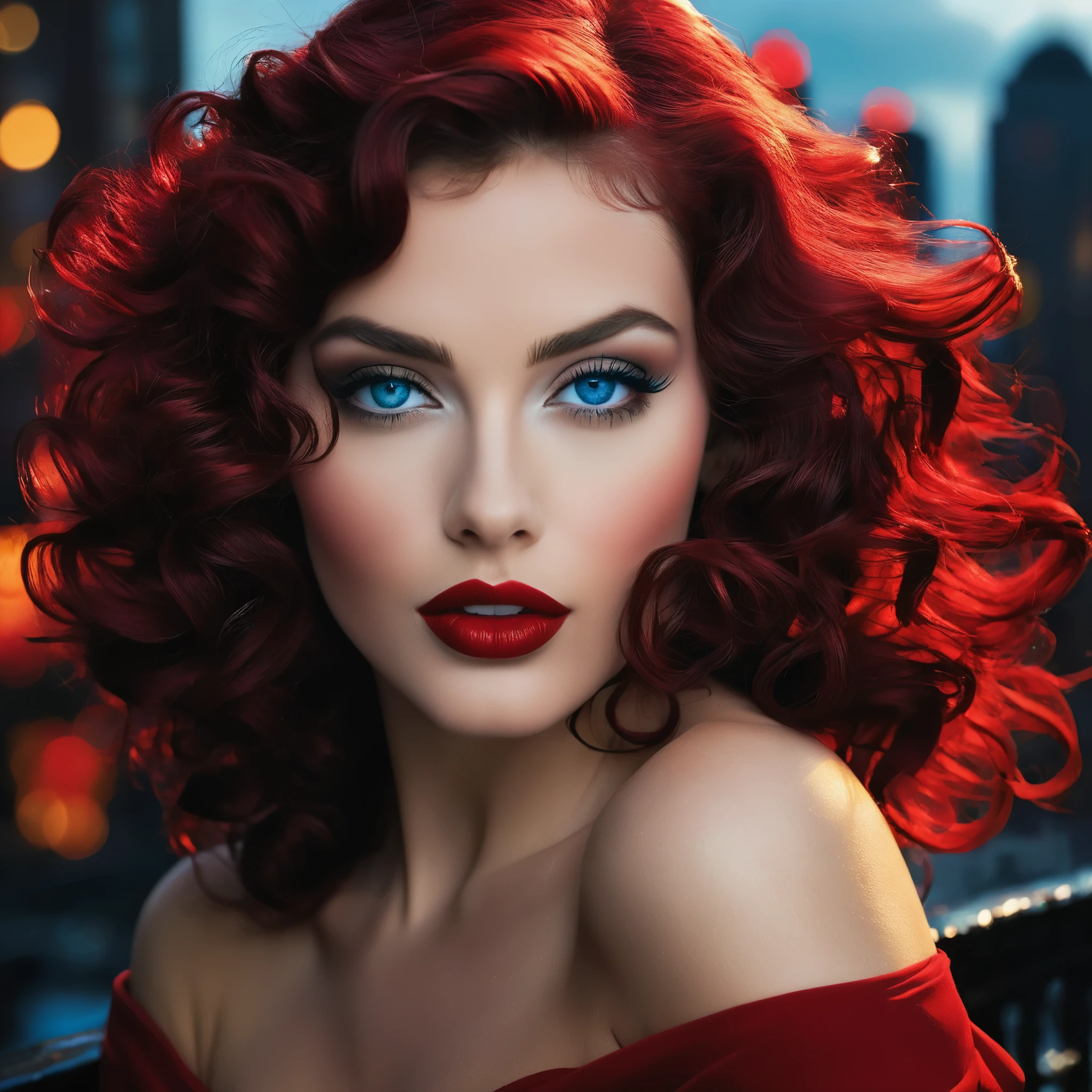 Visualize a sultry femme fatale with tousled waves framing her face, her piercing blue eyes hinting at hidden secrets. Her lips, painted in a bold shade of red, curl into a seductive smile as she stands against the stark silhouette of a ????-inspired cityscape, channeling the allure of classic film noir heroines.