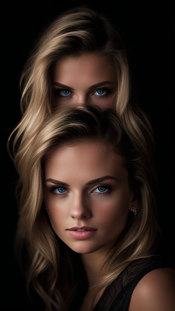 Completely black screen, absolutely nothing, ((pure black)), dark background, completely dark no light, except the detailed ((27 years old beautiful and sexy blonde girl)),  beautiful angelic face, art photography, elegant atmosphere, realistic, intricate details, true skin tone, dark theme
