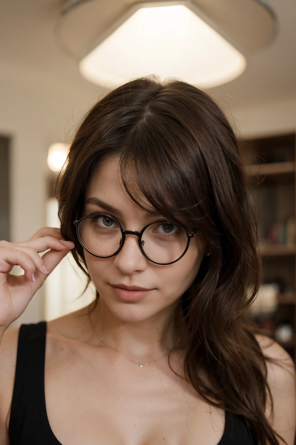 Create an image to show on the cover of my eyewear store reels, an elegant woman wearing black glasses, looking beautiful and well dressed in black clothes.