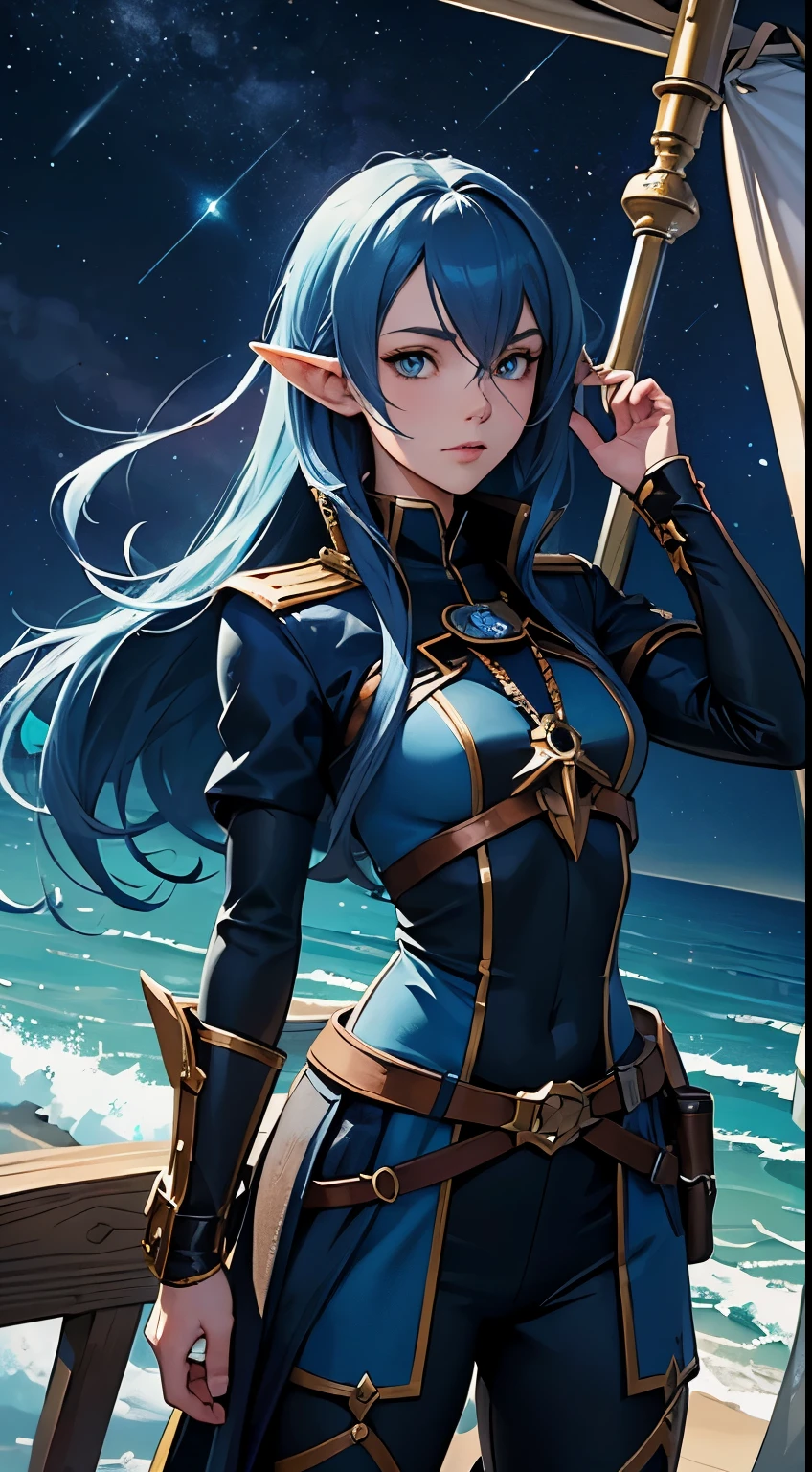"Create an anime-style illustration of Lucia Starfinder, a half-elf navigator with long, midnight blue hair and a gaze set on distant horizons. She's plotting a course on a nautical map, compass and sextant at hand. The background is the deck of a ship, ready to sail at her command, with the vast sea stretching out beyond. Her confident, adventurous spirit shines through, a beacon for those who follow the stars. The setting is a medieval fantasy settings. It is set in a fantasy roleplaying world."