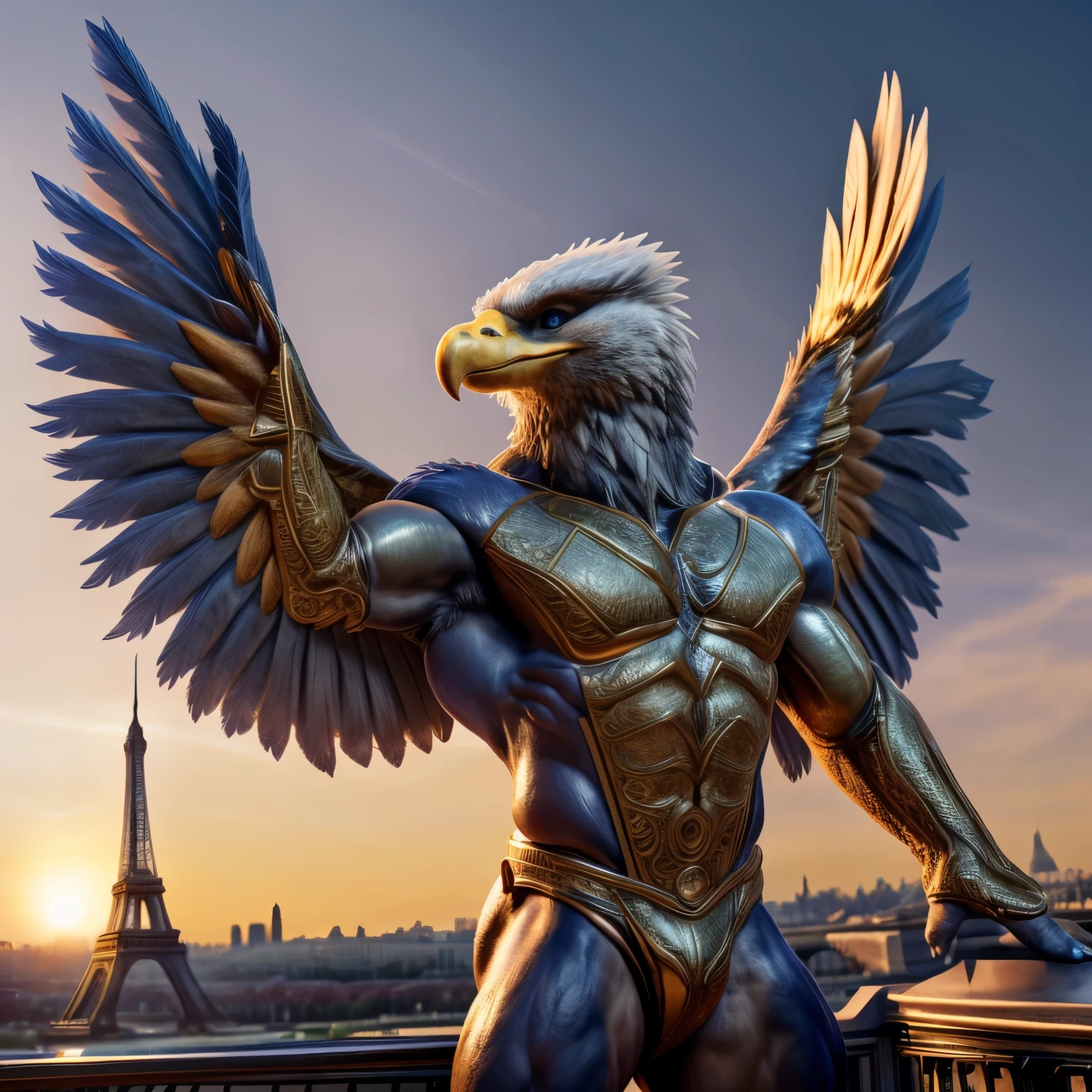 (Masterpiece rendering of an eagle as the Paris 2024 mascot in highest quality)
(Anthropomorphic eagle mascot for Paris 2024, full body, muscular, detailed anatomy)
(Exquisite, intricate design with delicate and expressive features)
(Bold and majestic, regal pose with spread wings, striking blue-grey eyes, lustrous feathers)
(Parisian skyline background, gazing at the viewer with a confident and welcoming wink)
(Realistic, ultra-detailed, illuminated by the soft glow of the setting sun, Eiffel Tower in the background)