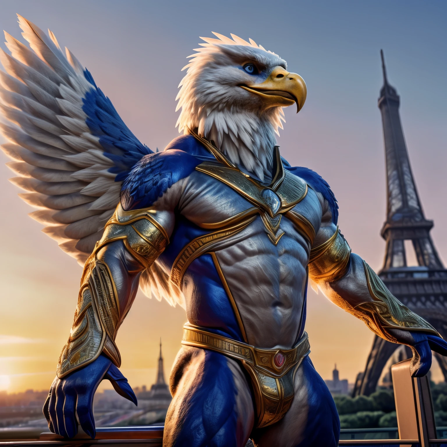 (Masterpiece rendering of an eagle as the Paris 2024 mascot in highest quality)
(Anthropomorphic eagle mascot for Paris 2024, full body, muscular, detailed anatomy)
(Exquisite, intricate design with delicate and expressive features)
(Bold and majestic, regal pose with spread wings, striking blue-grey eyes, lustrous feathers)
(Parisian skyline background, gazing at the viewer with a confident and welcoming wink)
(Realistic, ultra-detailed, illuminated by the soft glow of the setting sun, Eiffel Tower in the background)