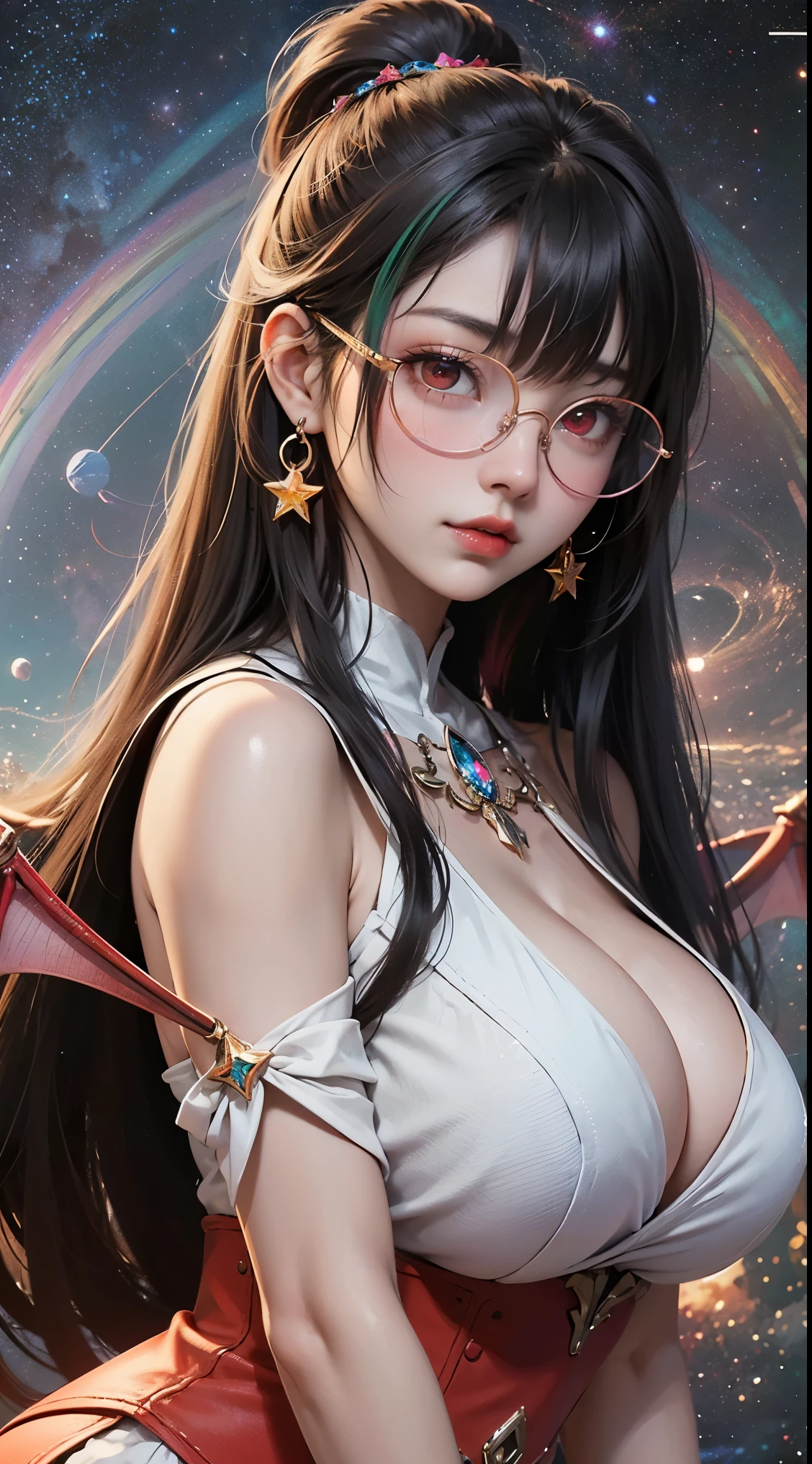 1名 27歳 woman, Understood、(best illustration)、8K UHD resolution、intricate details、最high quality、realistic、Super detailed、best writing、best shadow、soft lighting、ultra hd、dungeon and Dragon、cave、dungeon、 necromancer、night、dark style、Succubus、devil'Daughter of、bat wings,(((devilの角ラック縁round glasses))))、(((big breasts)))、(devil'tail)、(red eyes shine:1.6)、masterpiece、beautiful features、Tyndall effect、realisticphotograph、(high detail skin:1.2)、8KUHD、Digital single-lens reflex camera、high quality、photograph、High resolution、 absurd、Ponytail distortion、Optimal ratio of 4 fingers and 1 thumb、1 girl、hair ornaments、真っ赤に輝くgemのネックレス、gem、beautiful expression、body up、big breasts emphasis、tight waist、wide ass、Tyndall effect、Photoreal、(high detail skin:1.2)、dark and mysterious version, lipstick red lips, thin and beautiful lips, Don'Don'Don'Don'don't laugh, please keep your mouth shut, Characters created by Karol Baku and Pino Denis, intricate details, detailed background, very detailed, magic of light, woman, cute face, ((((giant glasses, otaku glasses, thick glasses, round glasses))))、, (((devilの角))))、(((bat wings))))、 looking at the Upper body of the goddess , round chest, big and round chest, phoenix hair brooch, long hair with bangs, (Long hair has seven colors like a rainbow:1.9), Beautifully detailed face and well-proportioned eyes, (Crystal clear red eyes: 1.8), Big round eyes and very beautiful and detailed makeup, Visionary, long silk nightgowns, mysterious makeup, ブresponseレット, I dyed the side bangs light yellow....., Upper body, (goddess Upper body: 1.8), hanging arms, リアルで鮮やかなphotograph, (stars that make up : 1.7), ( Space-time portal of sky and imagination: 1.8), fiction art, RAWphotograph,黒い着物のphotograph, 最高のphotograph , expensive_response, 最high quality, 最高のphotograph, 8K quality, 8K ultra , surrealism, 最も経済的な本物のphotograph, Artistic portrait of 12 signs, Symbol of one of the 12 signs on the reverse side, 12 Portrait of the Goddess, 最もrealistic配色, 最高のphotograph color, masterpiece, hair ornaments, ネックresponse, jewelry, beautiful face, Upper body, Tyndall effect, photographのようにリアルな, Dark studio, border light, two tone light, (fine skin) expensive: 1.2), 8K UHD, Digital single-lens reflex camera, soft light, expensive quality, volume light, Frank, photograph, expensive responseolution, 4K quality, 8K, Bokeh, smooth and sharp, 10x more pixels, Charming goddess, sexy goddess, (background space: 1.8), (milky way: 1.7), aurora, lightning, (auroraの背景: 1.8) <roller:crazy_perfect eyes_V1_from_V1_, beautiful goddess and flowers, (((devilの角))))、(((bat wings))))、