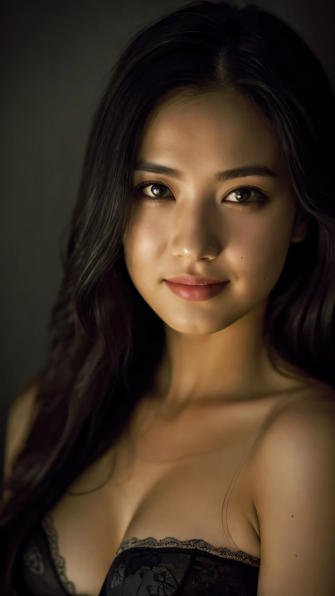 highest quality, epic realistic, ((in the pitch black darkness :1.4)), ((portrait:1.5)),(background: dark ) high contrast ,glorious picture, lowest lux, lighting face, she's comfortable, wearing lingerie, looks incredible, (8k, Raw photo, Highest quality),(epic realistic:1.5), a woman, face,(detailed eyes:0.8),(looking at the camera:1.4), (Highest quality), ( high contrast, deep shadows),Intricate details,cinematic,((skin:1.4)), (long dark hair:1.3), long hair, messy ,(Hdr:1.5),Detailed, colors, Superior quality, Masterpiece, Raw Photo (20-year-old, looking at viewer), beautiful, (wearing underwear,), perfect, natural, perfect composition, portrait, perfect face, smiling expression, Captivating eyes, Bright details, Tight lips, (High Skin Detail),, (blue tint: 0.6), (sale: 0.8), (bloody: 0.7), Key lighting , (backlight: 0.5), Medium depth of field, Canon 5d, 50mm lens, f/4 apertures, (Ultra-detailed, Complex detail), sharp focus, soft colors, 8k, Absurd, 80mm, dark background, photography, smiling, medium ,