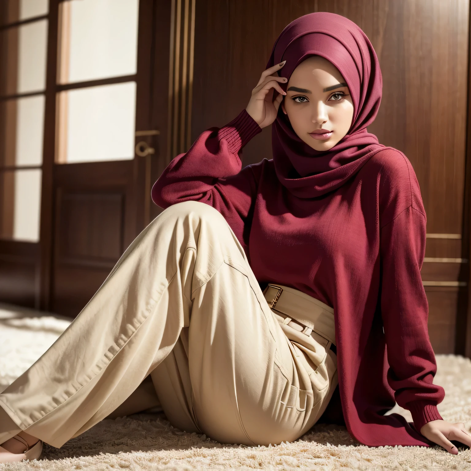 RAW, Best quality, high resolution, masterpiece: 1.3), Exquisite portrait, young woman with strikingly beautiful face, hijab framing long features, Red turtleneck sweater, Realistic portrayal with pimple, Graceful and elegant, Full body cowboy shot, Long pants and high heels, Walking with confidence, Modern Muslim identity, Long dress, Simple background, Emphasizes natural beauty, Diversity and individuality, Inner and outer beauty
Masterpiece: 1.3, Exquisite young woman portrait, Striking beauty, Framed by long hijab, Red turtleneck sweater, Realistic - pimple included
