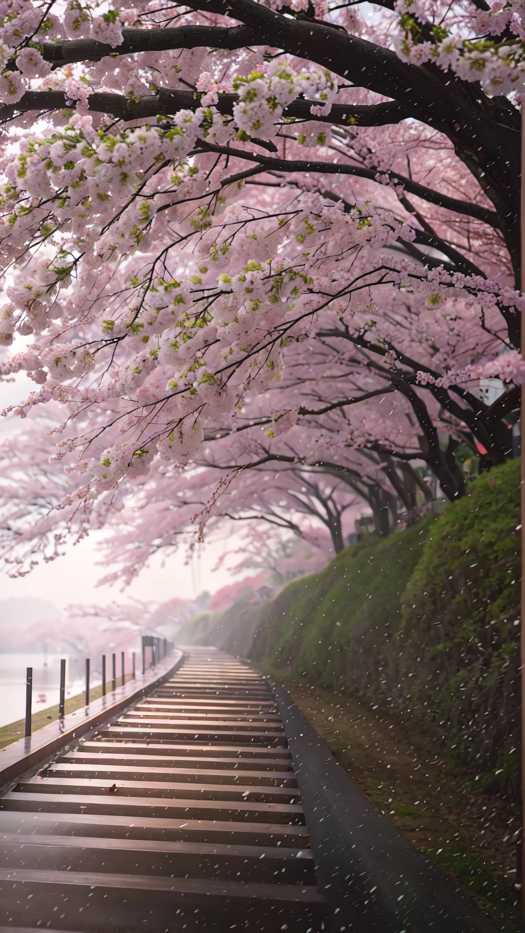 arafed view of a path with a bunch of Cherry tree, Cherry blossoms rain everywhere, Cherry tree, Cherry blossoms trees, The flowery road to heaven, Cherry blossoms falling, Cherry blossomss in the wind, Cherry blossoms forest, Cherry blossomss, lush Cherry tree, Cherry blossoms, Cherry tree, Cherry blossoms季, japan nature, spring morning, falling Cherry blossomss pedals,ultra high definition, masterpiece, precise, Super details, high detail, high quality, best quality, high resolution, 16K