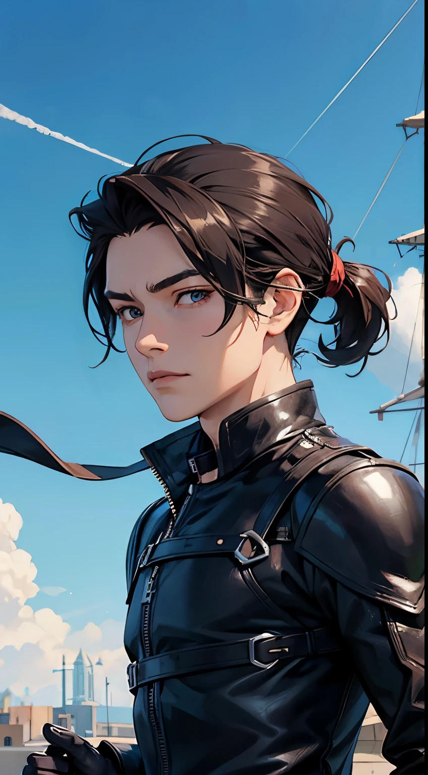 anime, 1boy, noble, dark hair tied back, leather gloves, clear blue sky, fantasy